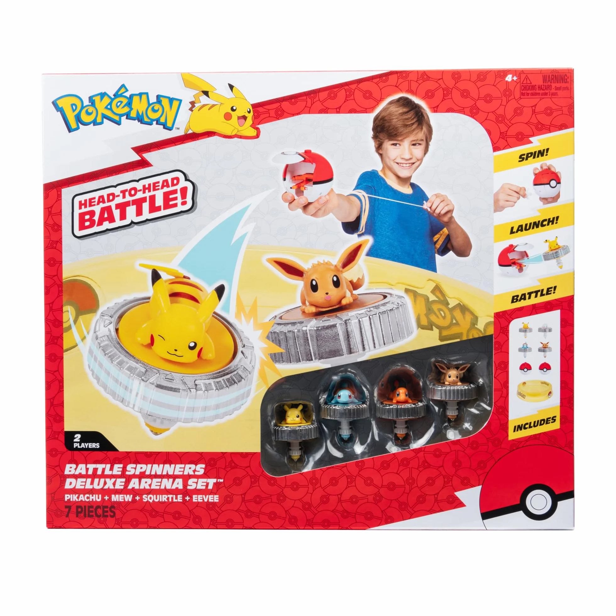 Bandai - Pokémon Arena + 4 Spinnery w Zestawie - 2 Wyrzutnie Pokéball + 4 Bączki Pikachu, Evoli, Caparchip i Salamche - Fighting - Zabawka Dla Dzieci 4 Lata i + JW4411