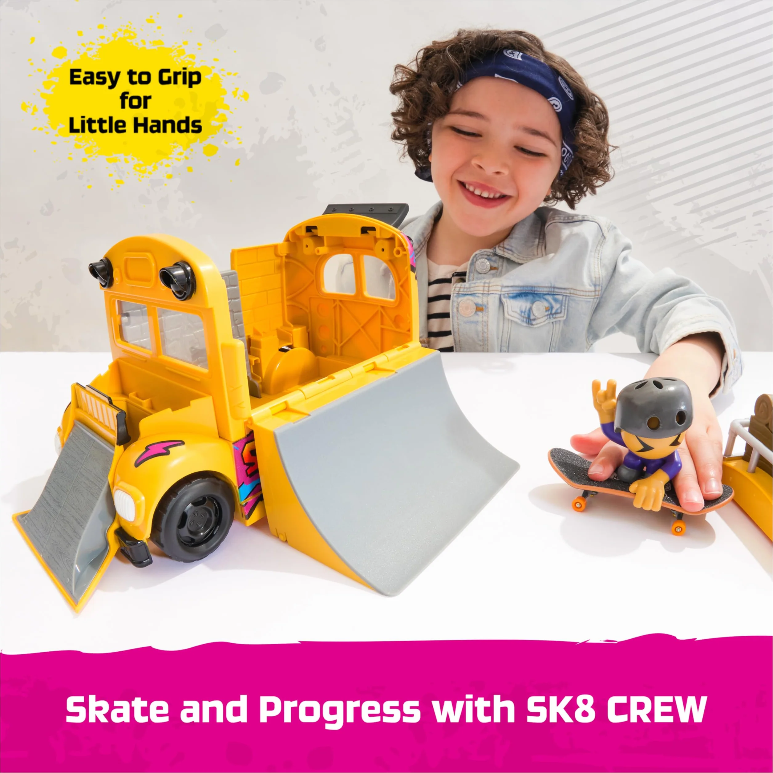 Tech Deck Sk8 Crew 2-w-1 Transformujący autobus Ultra Sk8 i schowek z podstrunnicą i figurką, kolekcjonerskie mini deskorolki, zabawki dla dzieci w wieku od 5 lat