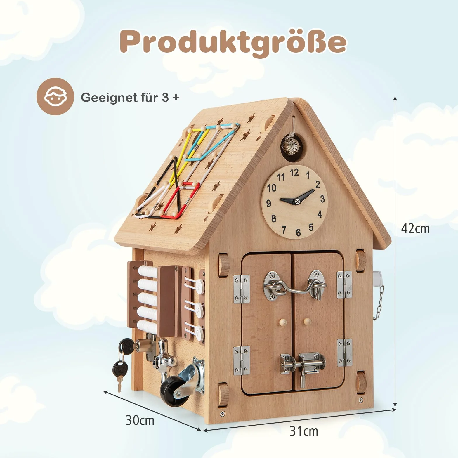 COSTWAY Domek do zabawy dla dzieci z drewna, sensoryczny domek z zabawkami sensorycznymi i miejscem do przechowywania wewnątrz, zabawka Montessori, kostka do aktywności, prezent dla chłopców i