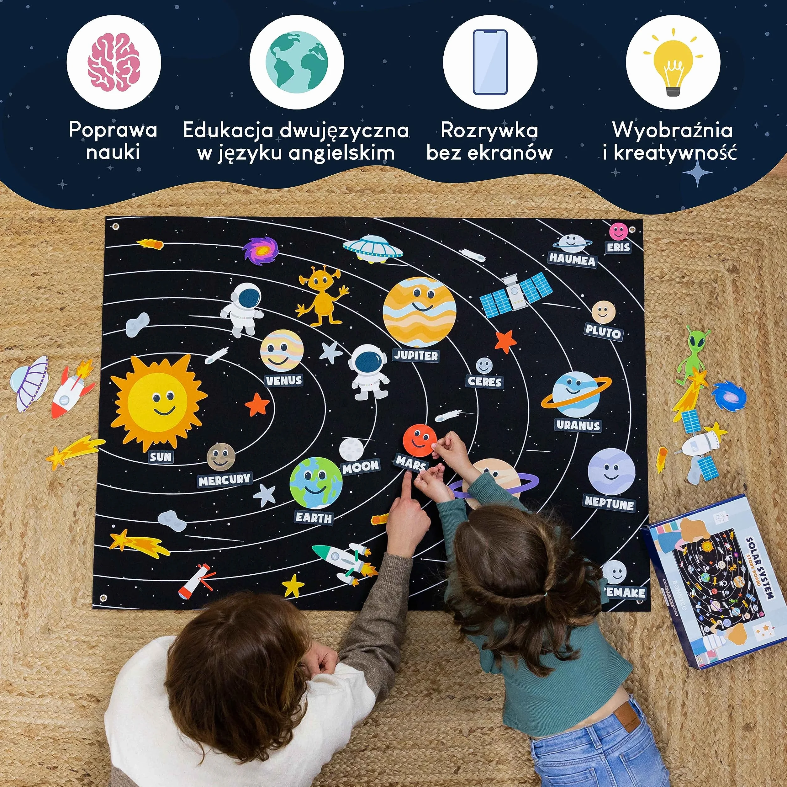 BONNYCO Układ Słoneczny dla Dzieci z 61 Filcowymi Figurkami. Chłopcy, Dziewczynki, Prezenty Urodzinowe. Zabawki Montessori, Planety Filcowe na Prezenty dla Dzieci 3 4 5 6 7 8 Boże Narodzenie