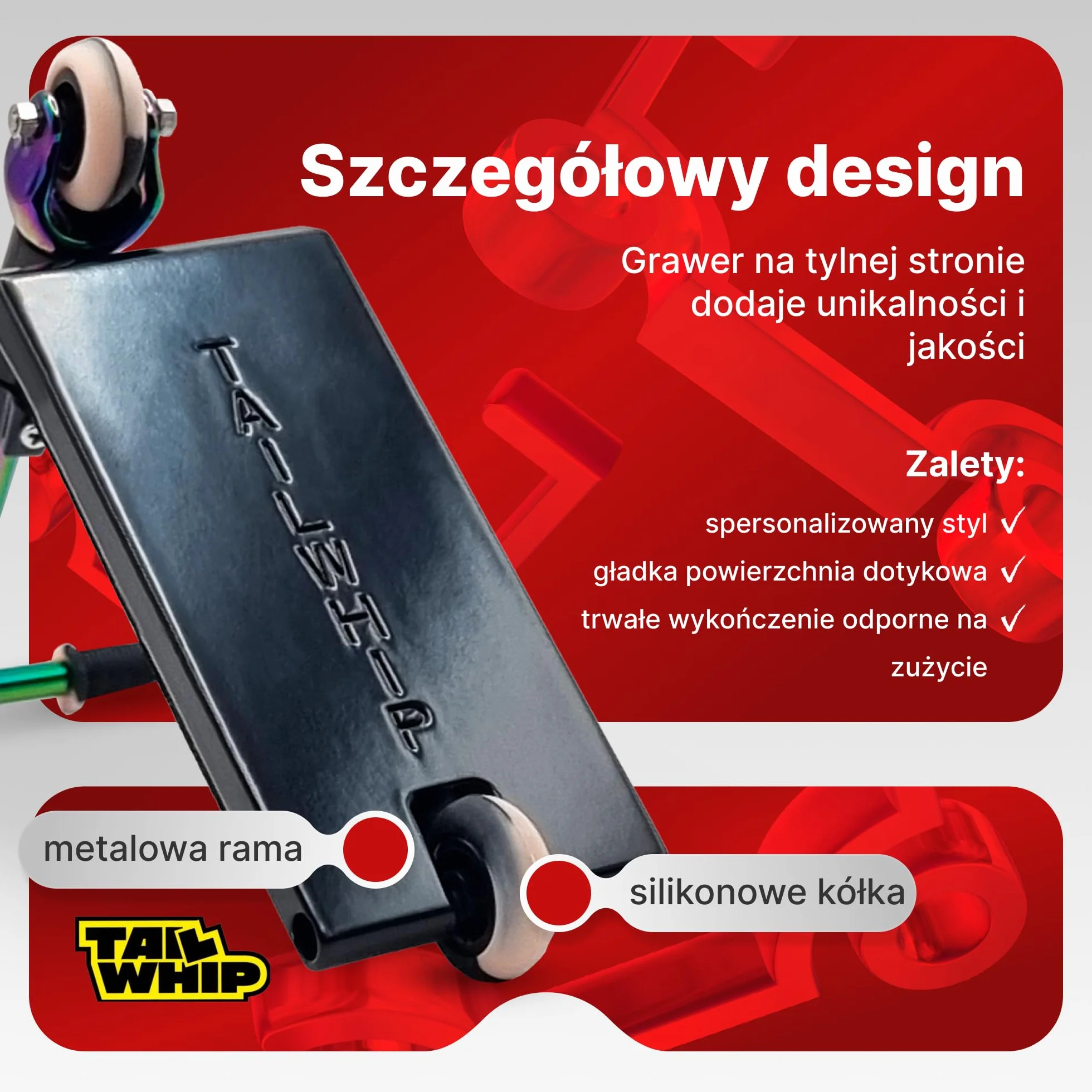 TAILWHIP Finger Scooter z Metalu, Mini Hulajnoga na Palce do Imponujących Sztuczek, Zabawka Rozwijająca Motorykę Ręczną, Kompatybilna z Finger Tech Deck Skateboard Skatepark Bike BMX, czarny