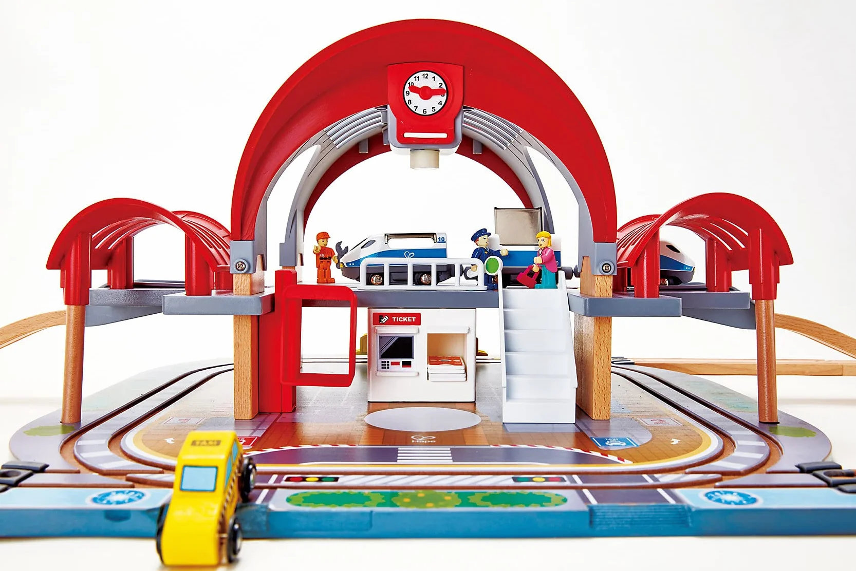 Hape Grand City Station, Wooden Pretend Play Railway Set with Projector and Recorder, For Kids