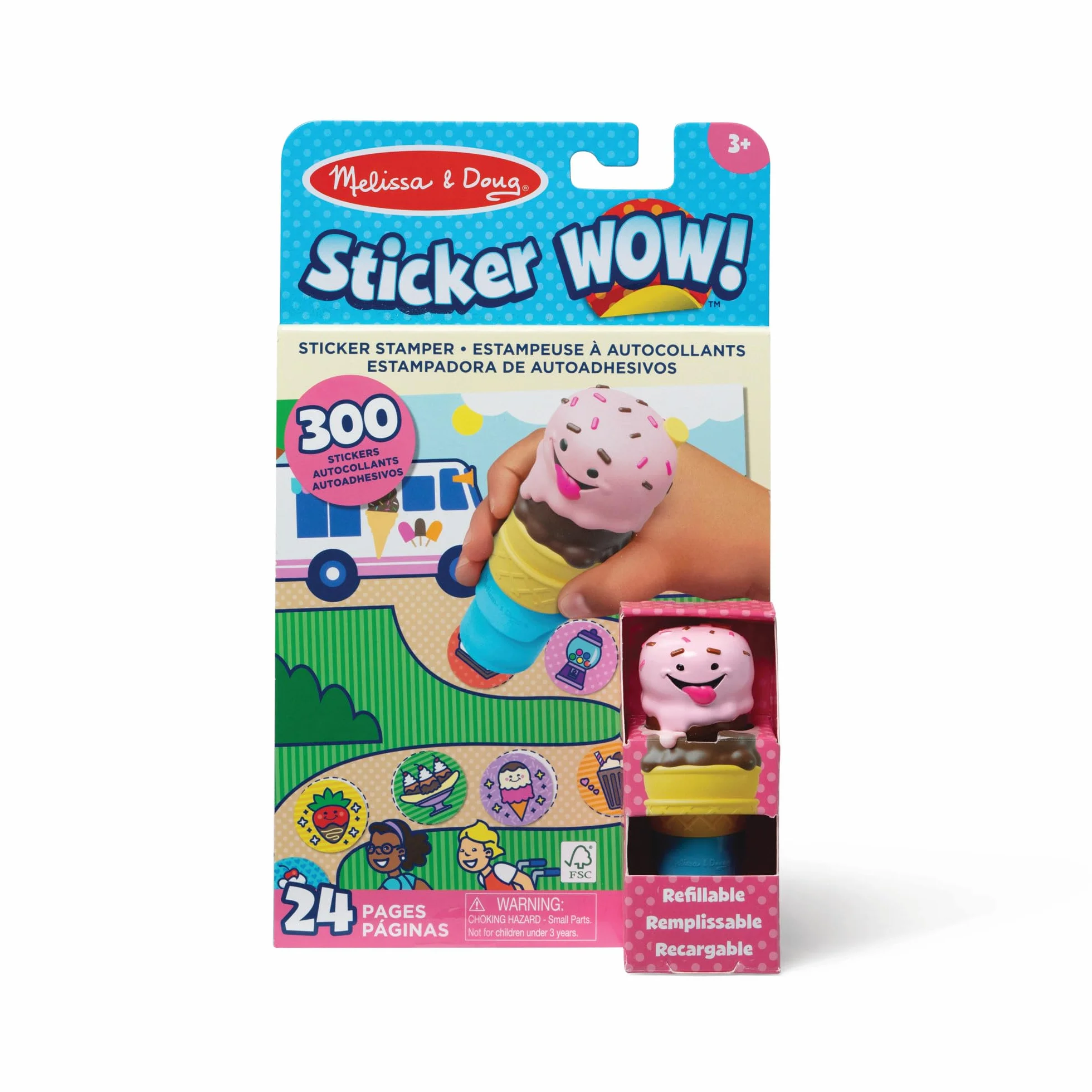 Melissa & Doug Naklejka WOW!™ 24-stronicowa podkładka do aktywności i stempel, 300 naklejek, sztuka i rzemiosło Fidget zabawka kolekcjonerska postać - lody - certyfikat FSC