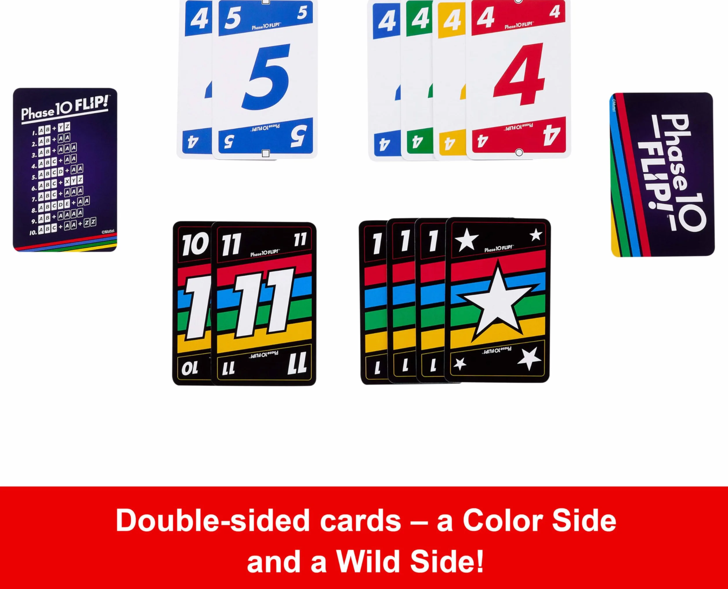 Mattel Games Gra karciana Phase 10 Flip, gra karciana dla całej rodziny z kartami drukowanymi po obu stronach, ze specjalnymi kolorowymi fazami dla 2 do 6 graczy, HYN12