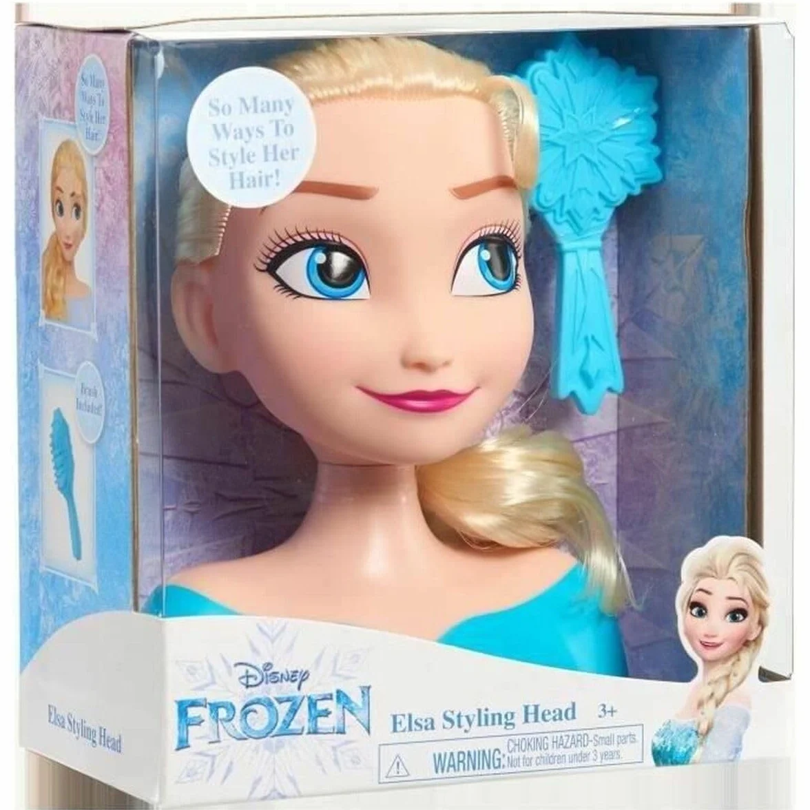 Disney Just Play 87490-JP Frozen Głowa fryzjerska Elsa Mini 14 cm ze szczotką do stylizacji włosów, od 3 lat, czarna