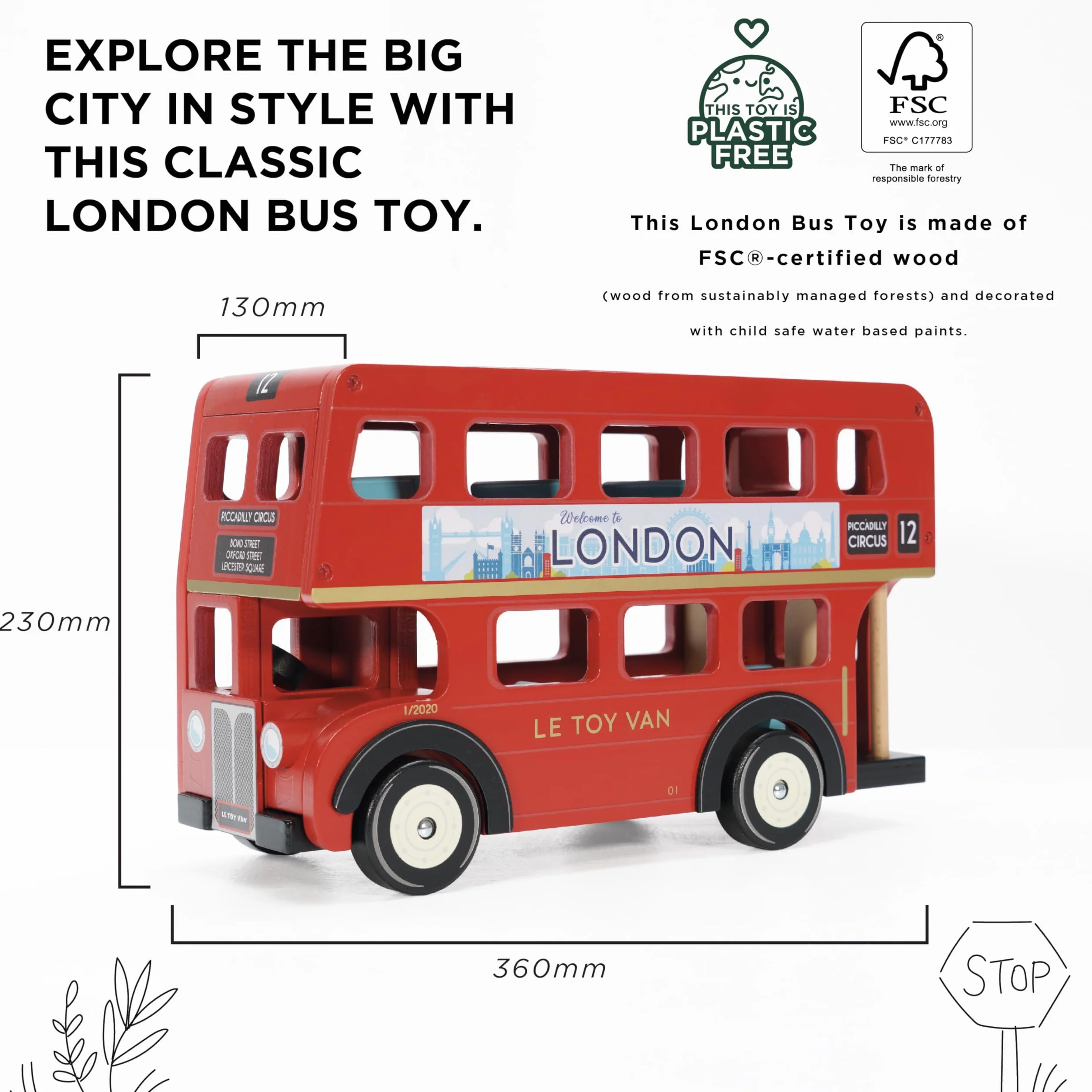 Le Toy Van TV469 Cars & Construction Double Decker Wooden Role Play Suitable for Girls and Boys Toys, London Bus