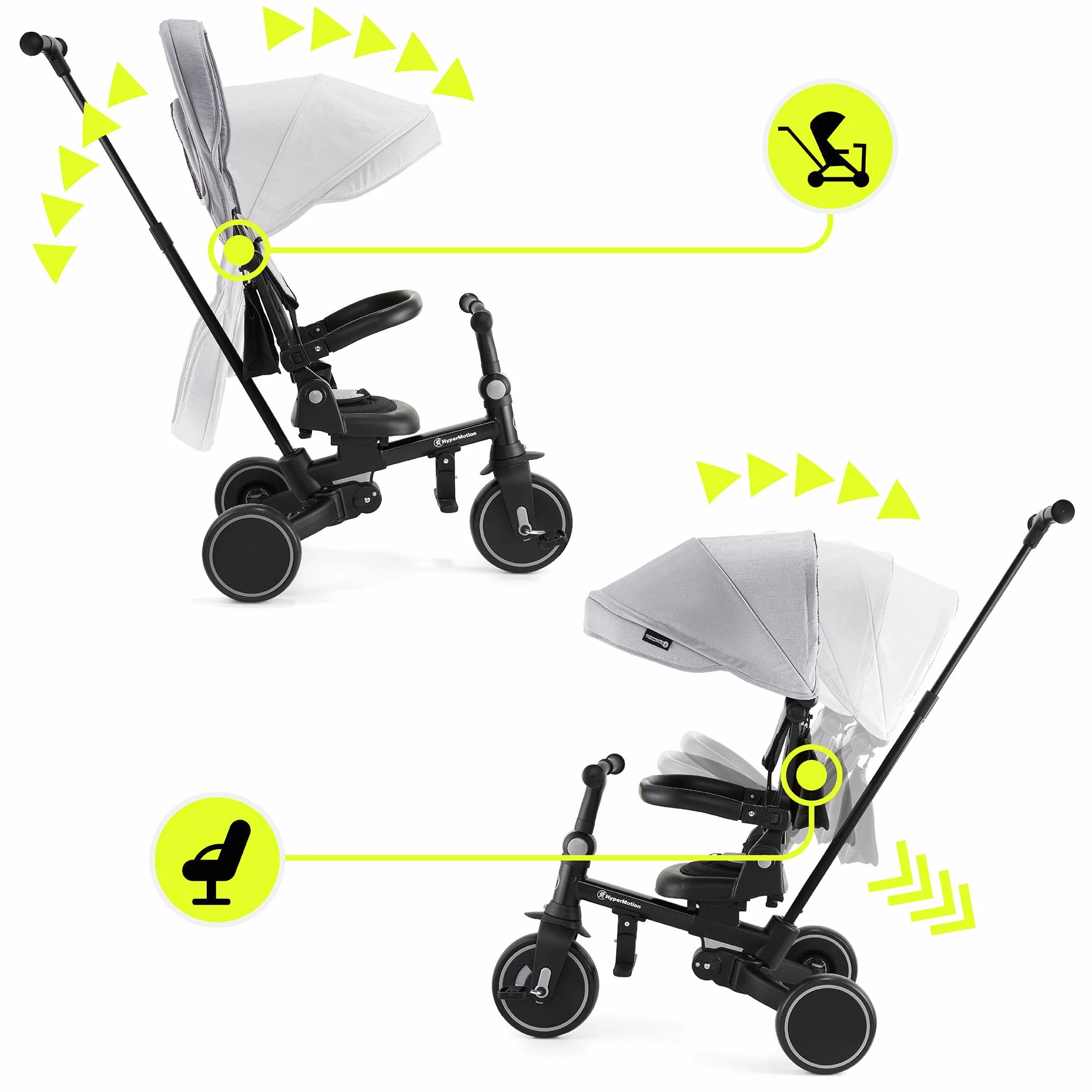HyperMotion Rowerek Trójkołowy 8w1 TOBI FOREST – Modułowy Rower z Daszkiem, Pchaczem i Obrotowym Fotelikiem – Dla Dzieci 1-5 Lat – Kompaktowy i Regulowany (GRAY)