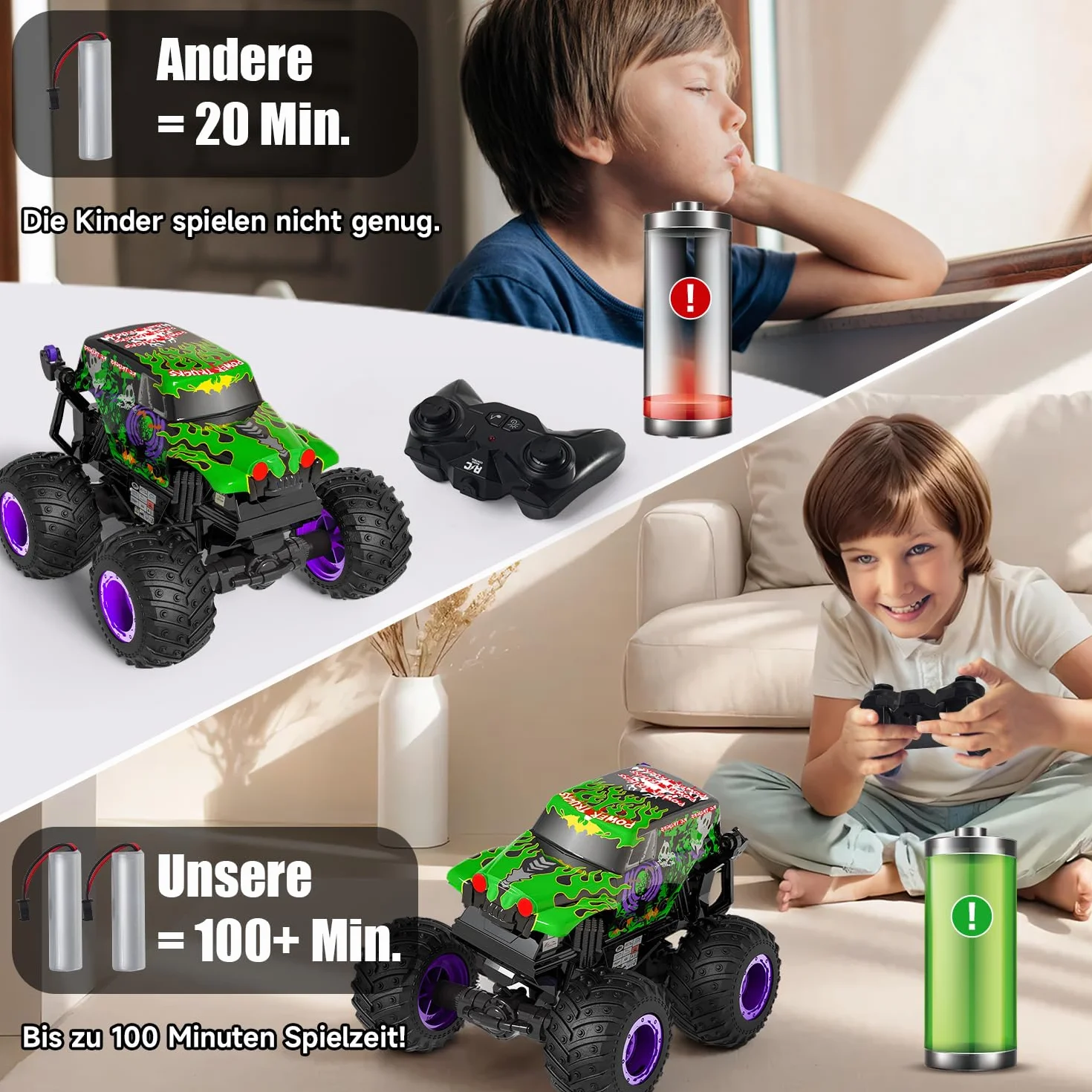 Monster Truck zdalnie sterowany, 20 km/h, Monster Truck ze światłem i muzyką, 2,4 GHz zdalnie sterowany samochód z obrotem 360°, 1/20 Monstertruck z 100 min, 3 4 5 6 7 8 lat chłopiec