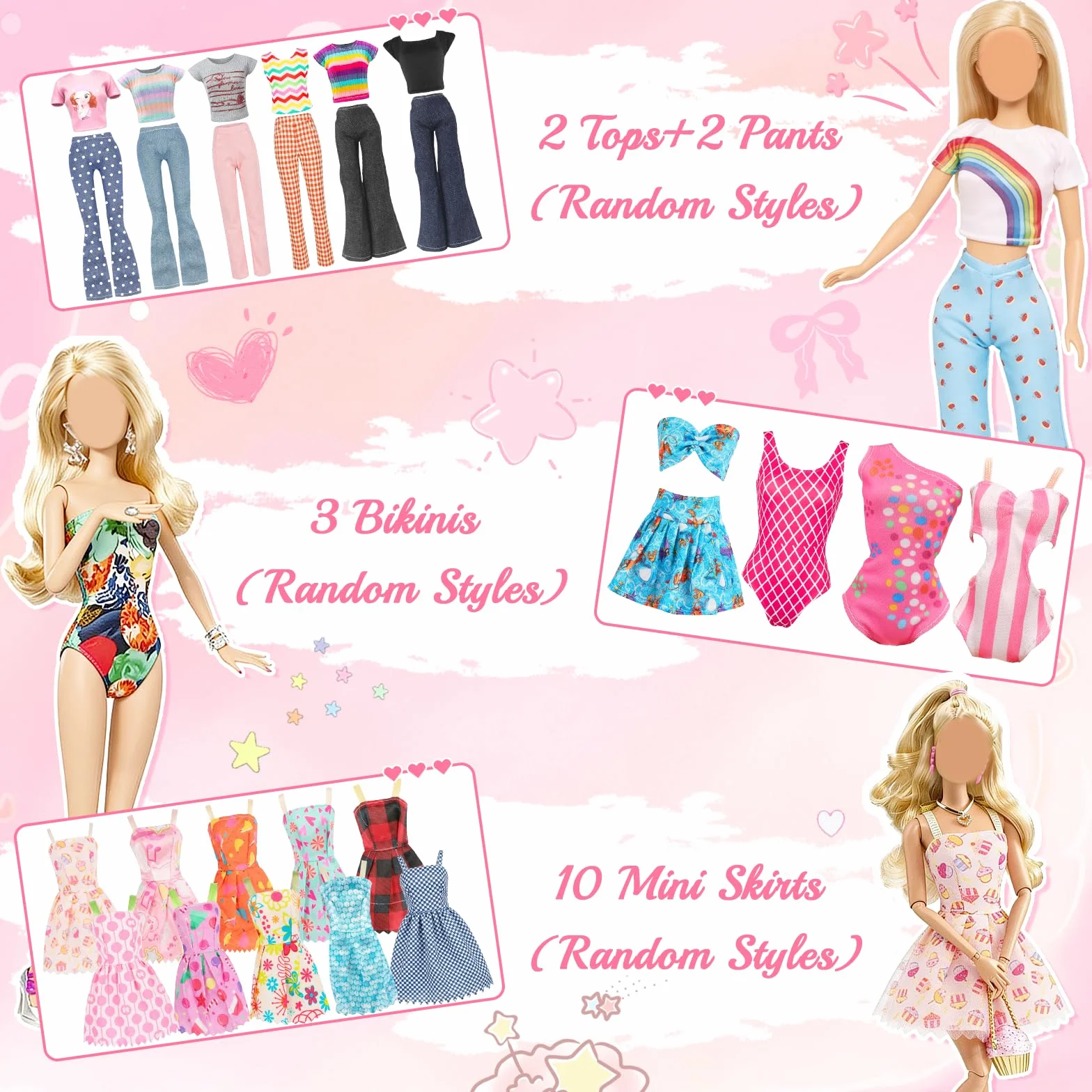 44 sztuki ubranek i akcesoriów dla lalek: 2 eleganckie sukienki, 2 suknie wieczorowe, 2 stroje (top + spodnie), 10 sukienek mini, 3 bikini, 10 par butów i 15 akcesoriów dla lalki 11,5-calowej.