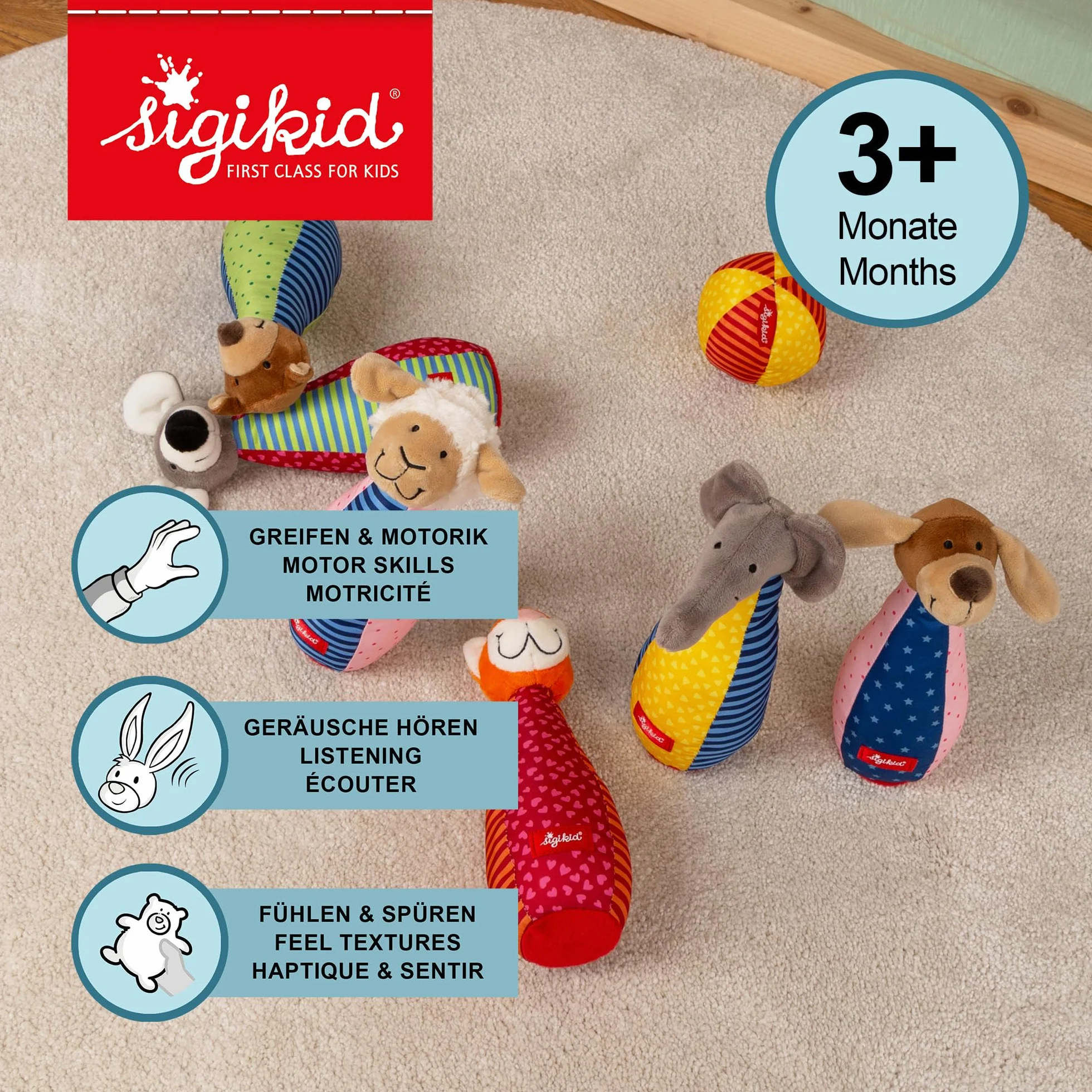 Sigikid 49520 Pluszowe Kręgle dla Dzieci, Wielokolorowe