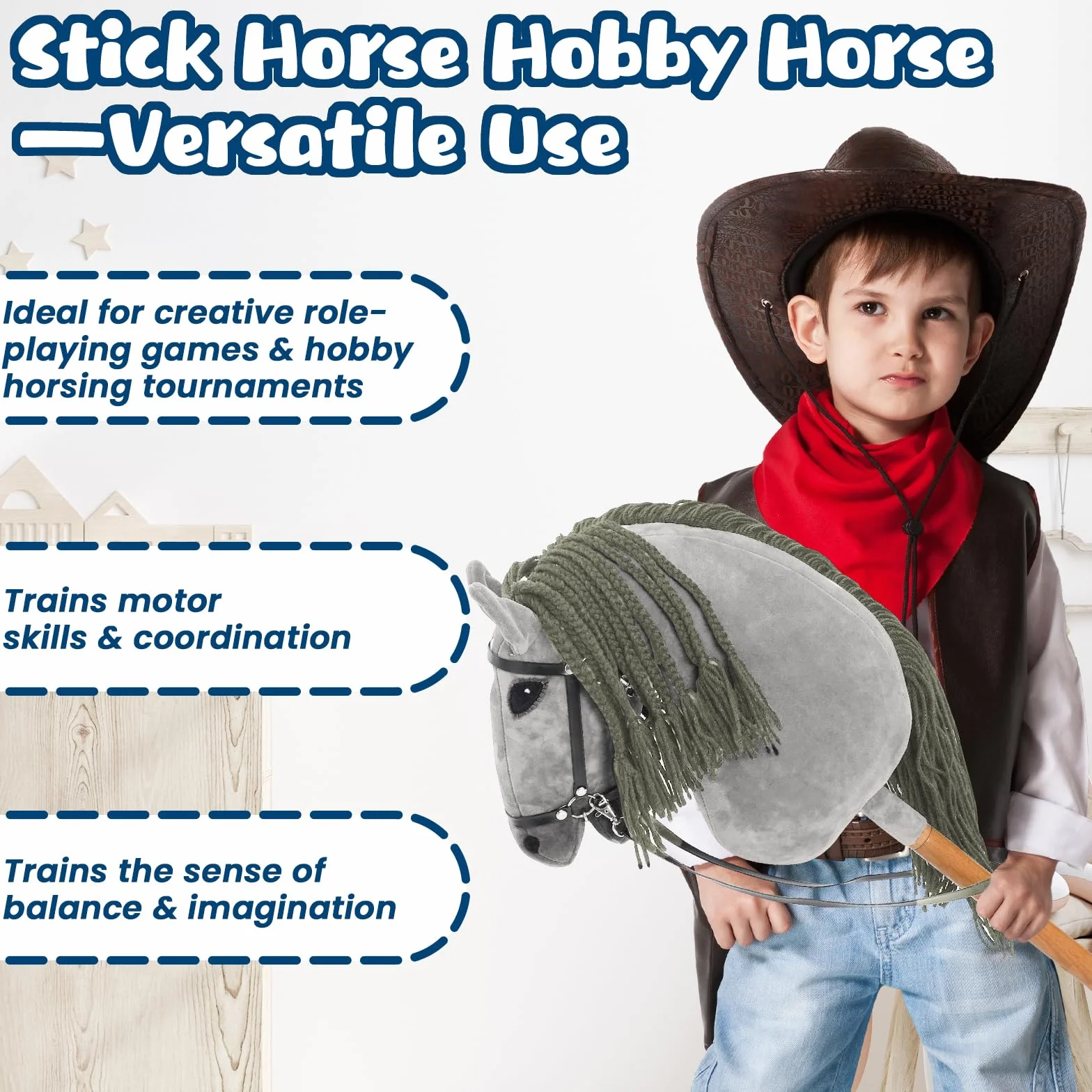 Hobby Horse dla dzieci, koń na kiju, zabawka, koń z uzda i wodze, drewniany koń, pluszowy koń dla dzieci od 3 lat