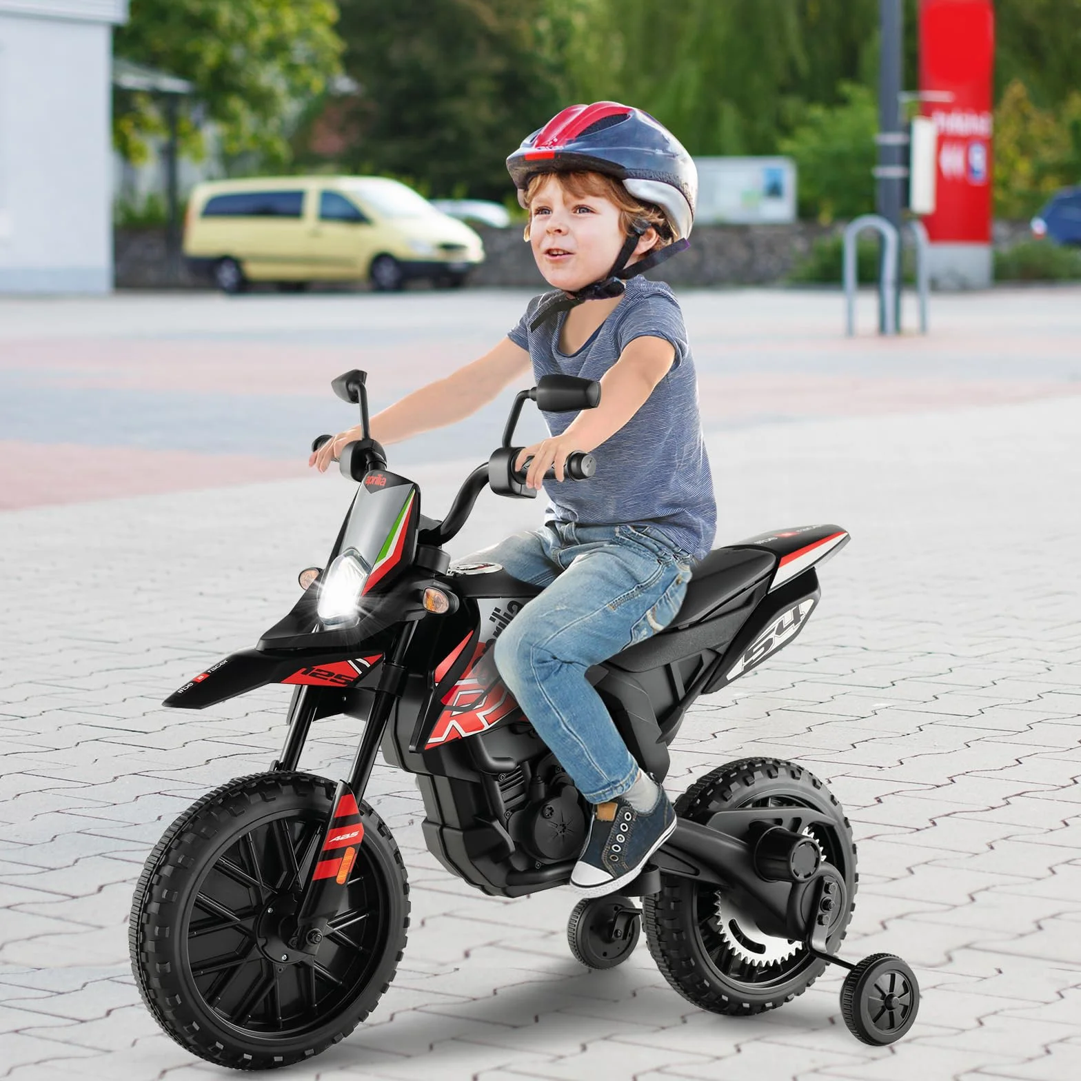 GOPLUS elektryczny motocykl Aprilia 12 V, 2 kółka podporowe i reflektory, muzyka dla dzieci 3-8 lat, pojazd z silnikami i amortyzatorami
