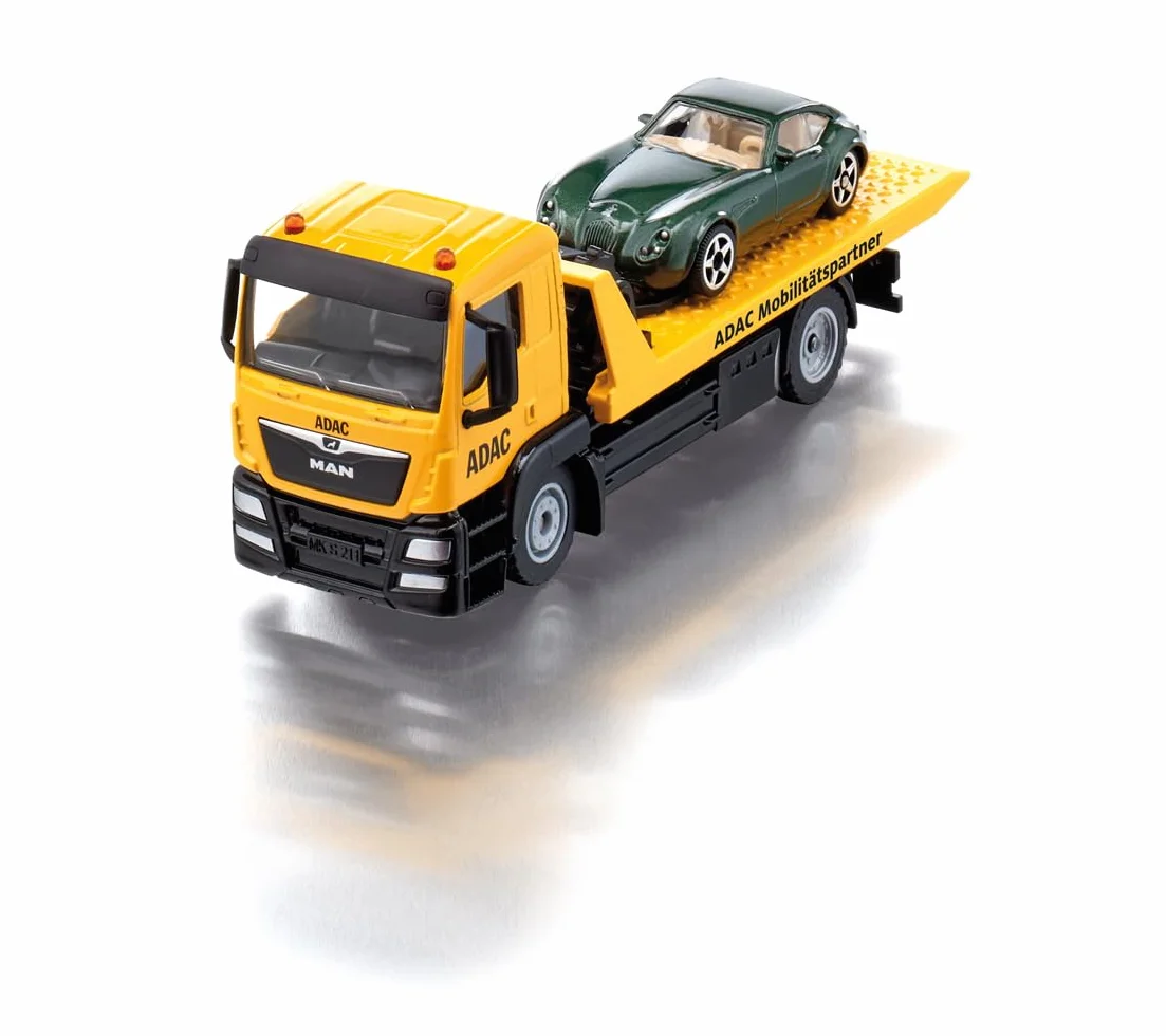 siku 2722, MAN Holownik ADAC, W komplecie zabawkowy samochód do odholowania, 1:55, Metal/Tworzywo sztuczne, Żółty, Wyciągana wciągarka, Wychylana i opuszczana platforma transportowa