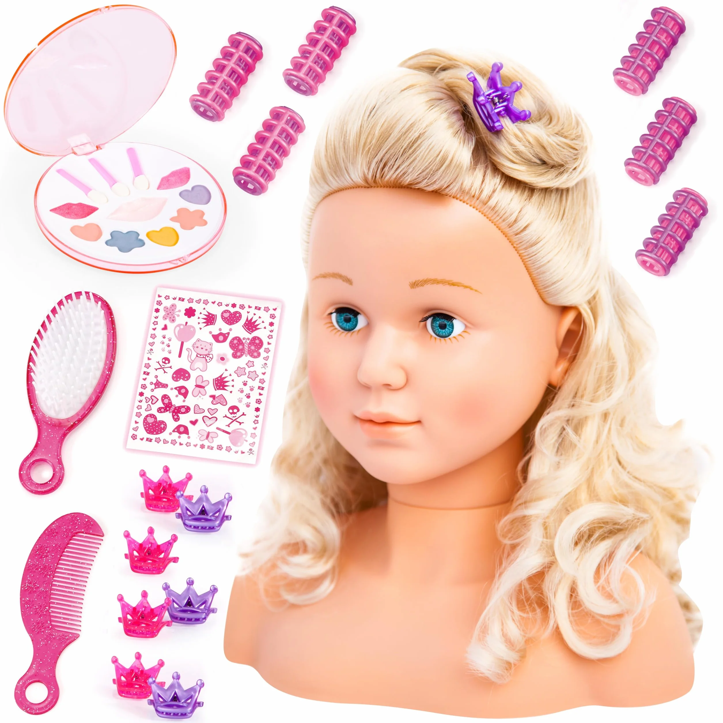Bayer Design 90005AB Głowa do stylizacji dla dzieci, lalka do stylizacji Super Model, z kosmetykami, 27 cm, blond włosy