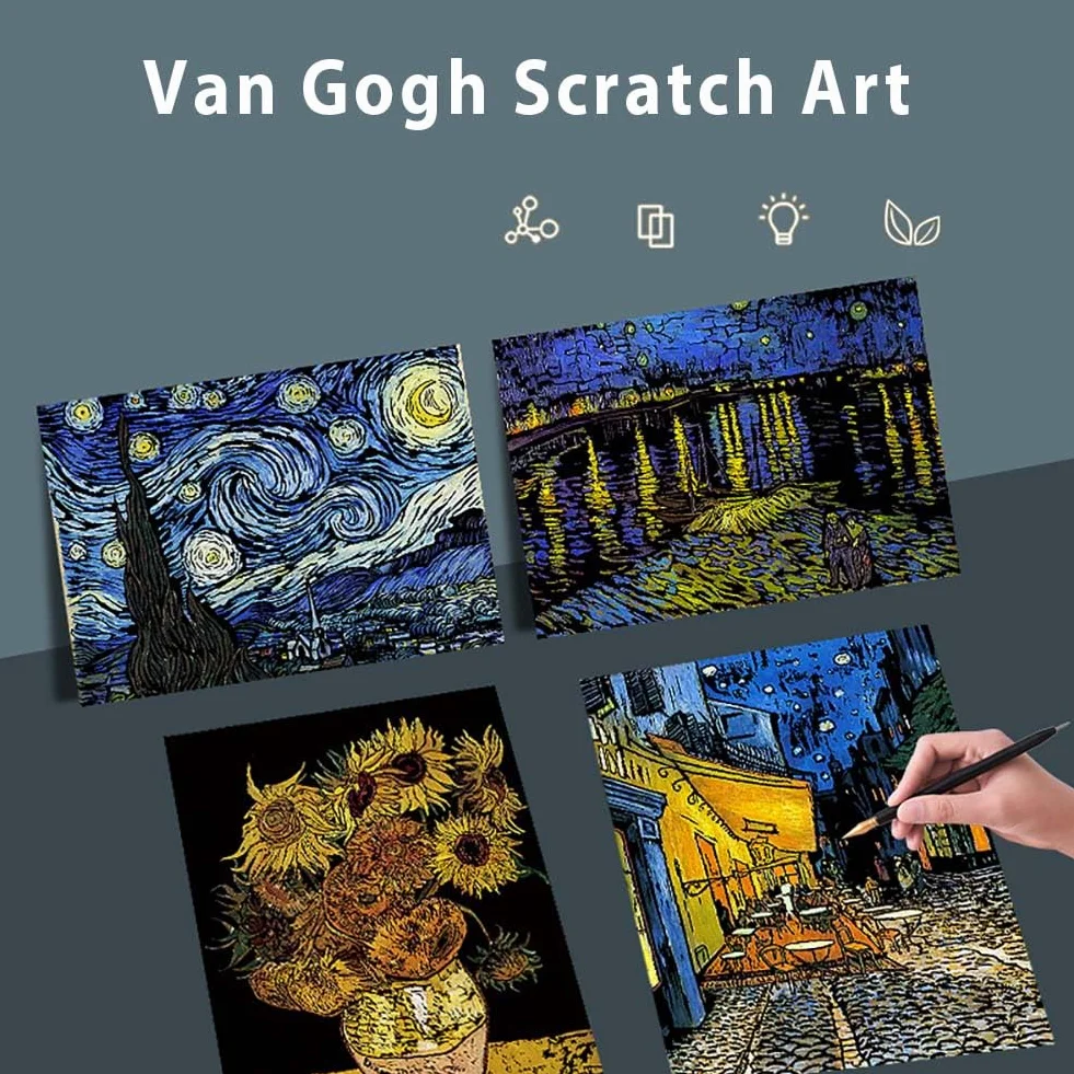 EGOSKY Obraz do drapania, 4 sztuki Van Gogha, tęczowy papier dla dorosłych i dzieci, DIY, sztuka, rękodzieło, drapak z 4 narzędziami do drapania