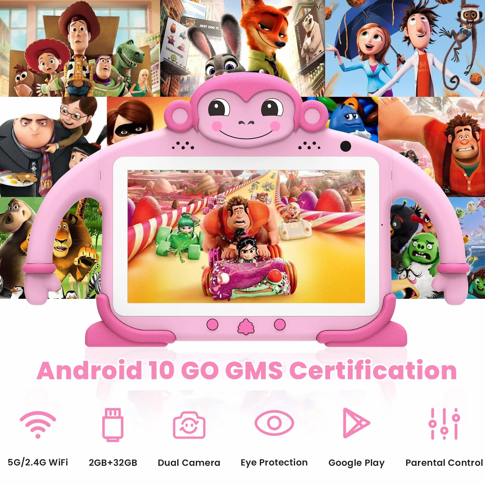 zcobro Tablet dla dzieci 7 cali, 32 GB z YouTube Dzieci, tablet edukacyjny z WiFi dla najmłodszych, edukacja, stojak na Androida, aplikacje Netflix