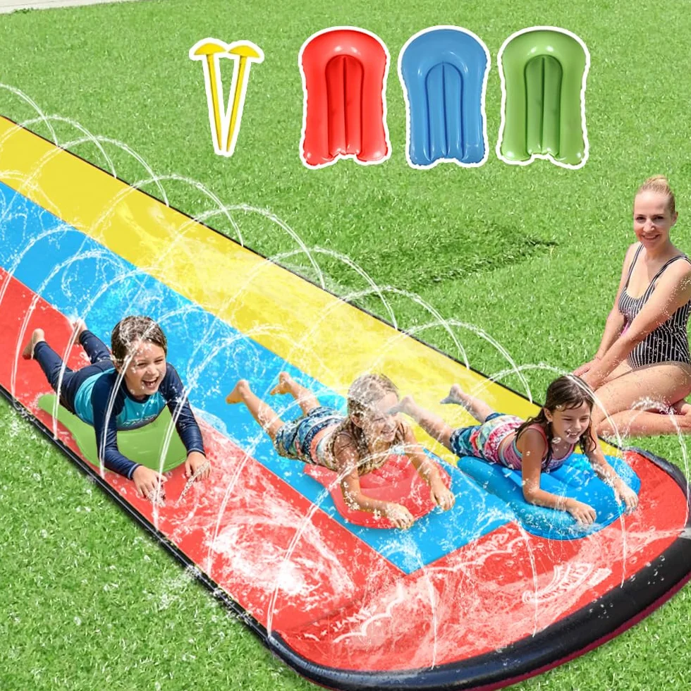 Zjeżdżalnia ogrodowa dla dzieci, 480 x 210 cm, Slide Triple z 3 bodyboardami, 5 łatkami naprawczymi, potrójna zjeżdżalnia ogrodowa na lato, do zabawy na świeżym powietrzu w ogrodzie, dla dzieci
