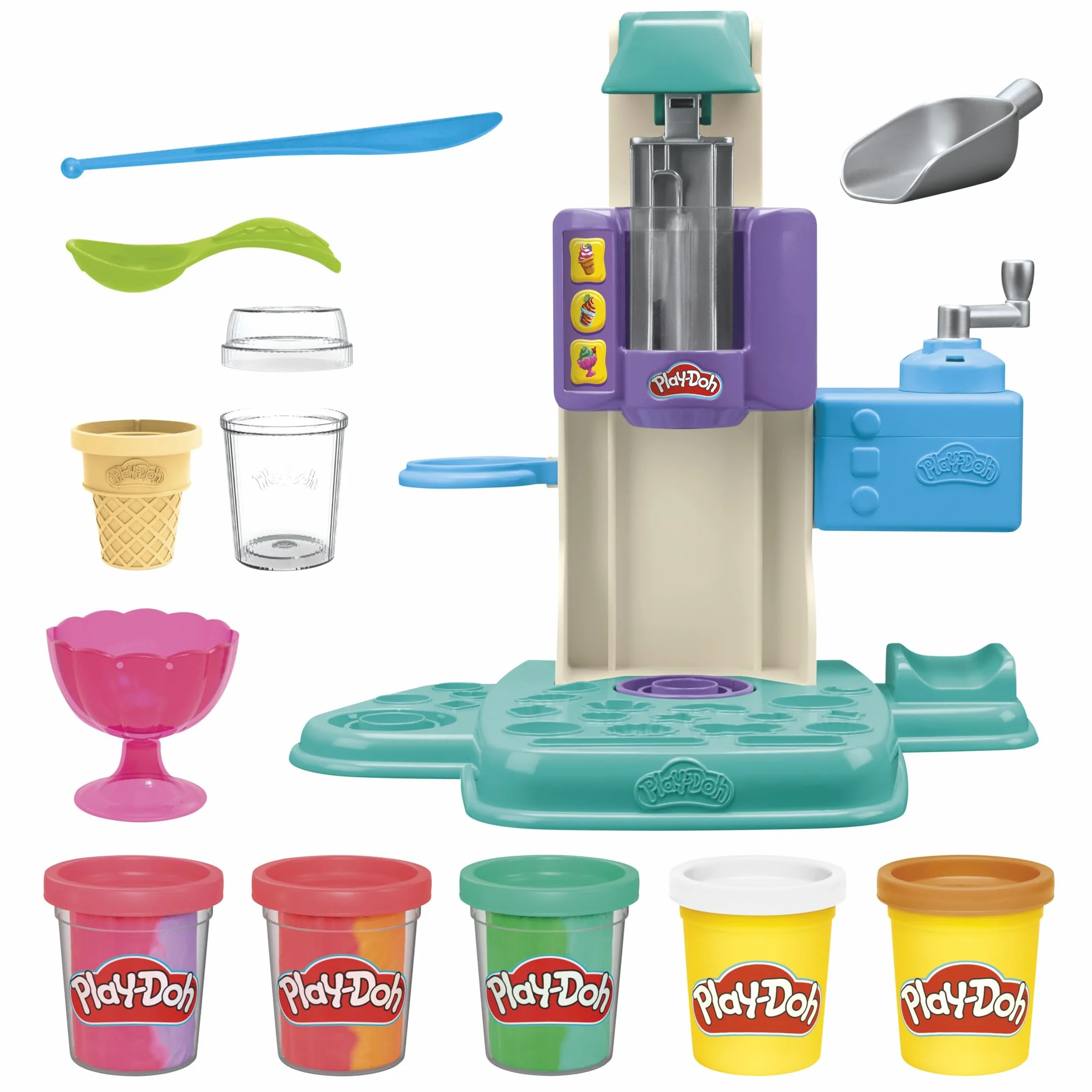 Play-Doh Ciastolina Zakręcone Tęczowe Lody | Lodziarnia, 5 Pojemników, w Tym 3 Dwukolorowe, i 7 Akcesoriów | Zabawka dla 3-Latka i Przedszkolaka | Prezent dla Dzieci, Dziewczynek i Chłopców