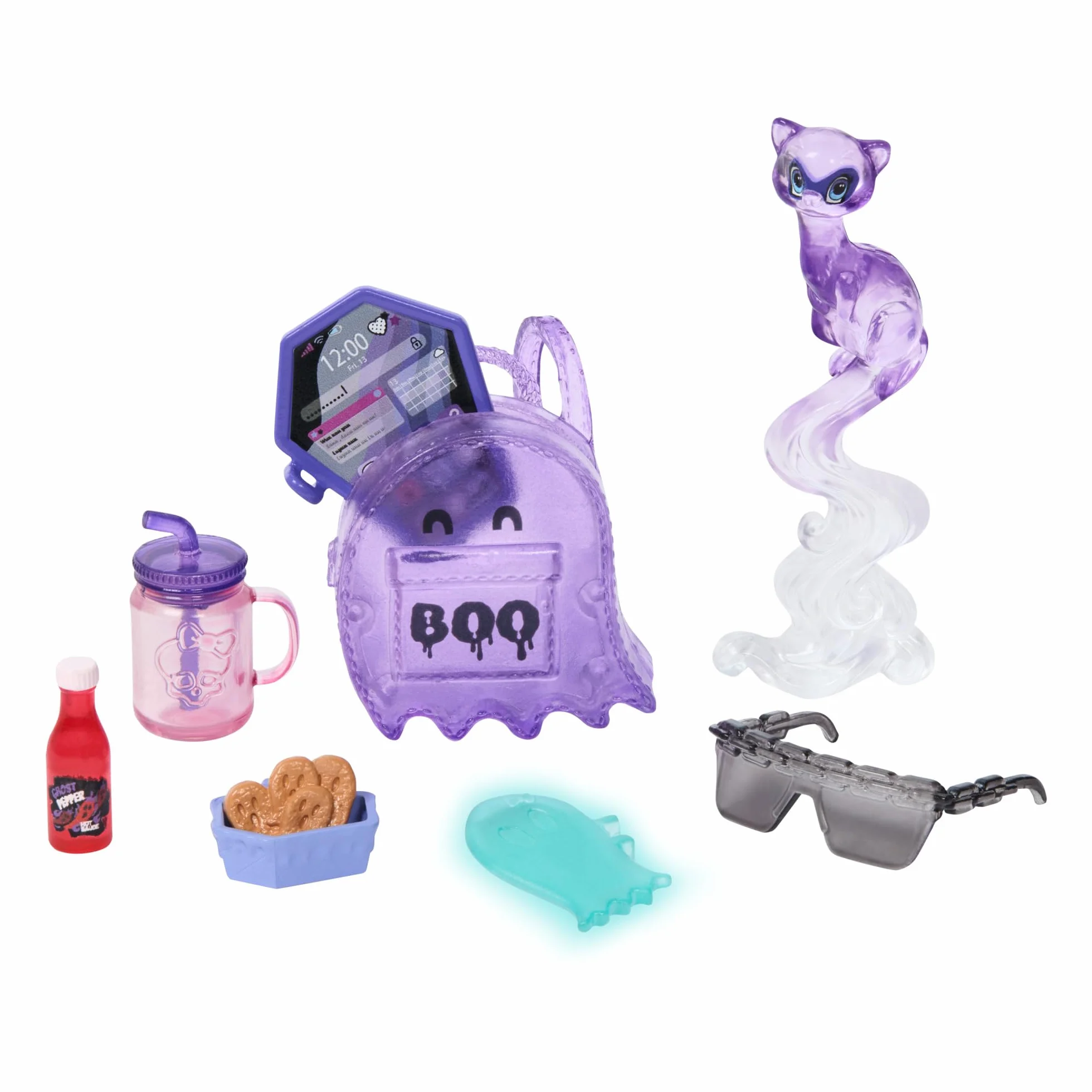 Monster High Spectra Vondergeist Lalka + zwierzątko Rhuen oraz akcesoria, takie jak plecak, „tablet” i „przekąski”, HXH77
