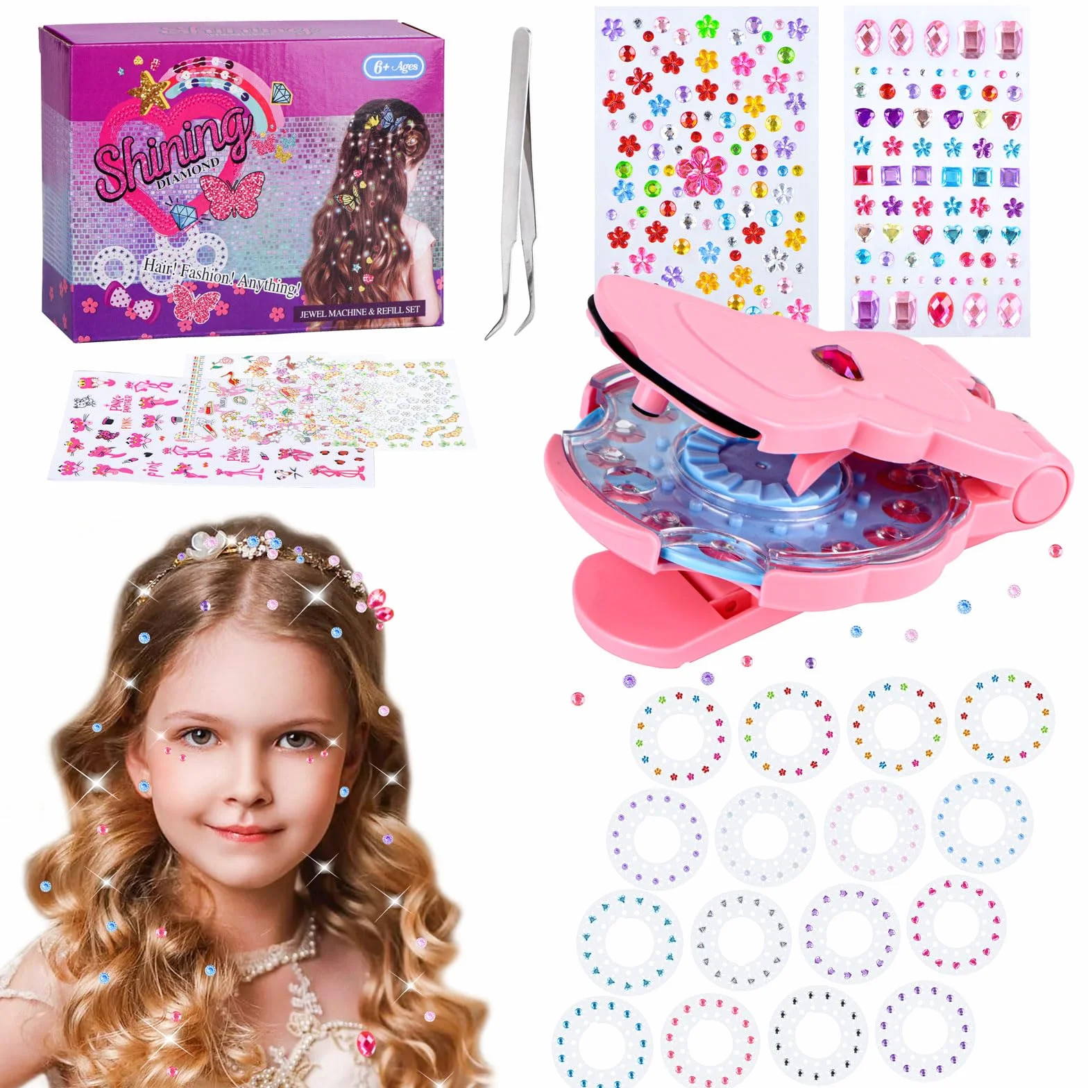 SEMKOTREE Hair Gems, Zestaw do ozdabiania włos Hair Gem Stamper z 420 diamentami, Maszyna do klejnotów