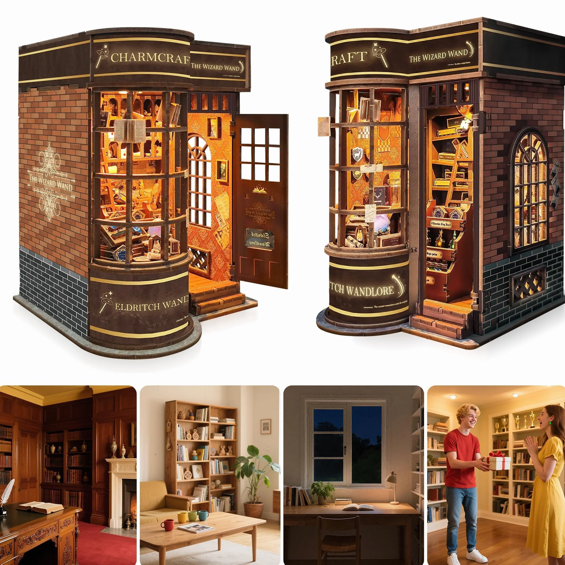 Zestaw do budowy wnętrza książkowego dla dorosłych: LUMYCE drewniane puzzle DIY miniaturowy dom 3D dom lalek - podpórka do księgarni z oświetleniem LED, kreatywny prezent dla czytelników