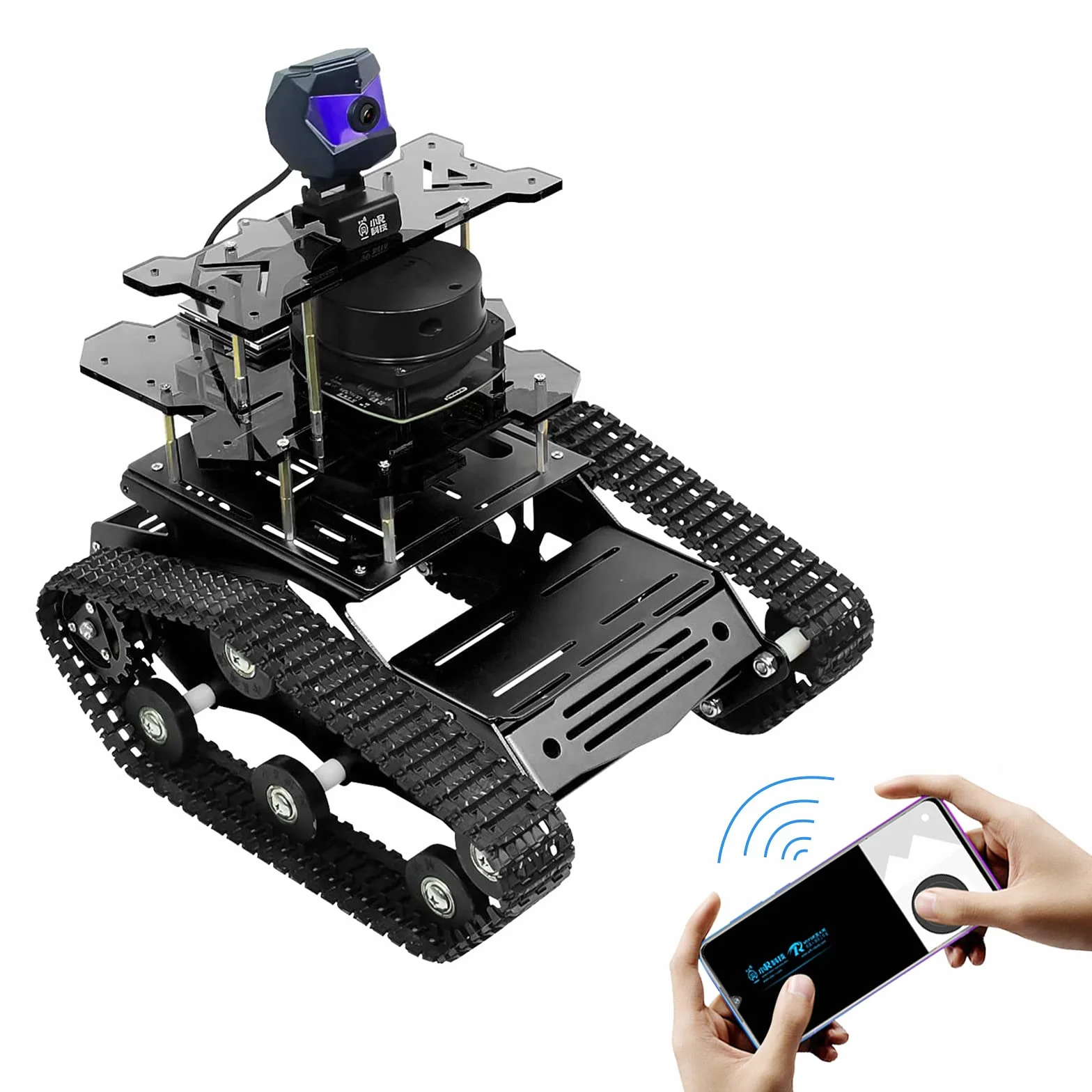 AI Raspberry Pi 4B Robot Kit z radarem ROS SLAM Smart Car Robotic Tank Buduj mapy samodzielną nawigację śledzenie rozpoznawania obiektów (czarny, Raspberry Pi 4B 4GB)