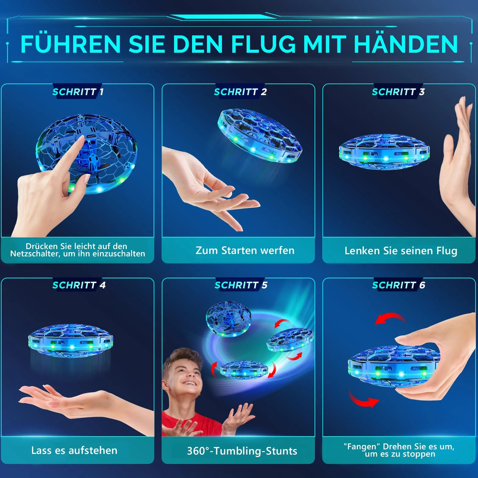 semai Mini UFO Drone Latająca piłka zabawka 360° Obrotowa latająca kula z oświetleniem LED, do użytku w pomieszczeniach i na zewnątrz Prezenty dla dzieci Chłopcy Dziewczęta 6 7 8 9 10+ lat, Niebieski