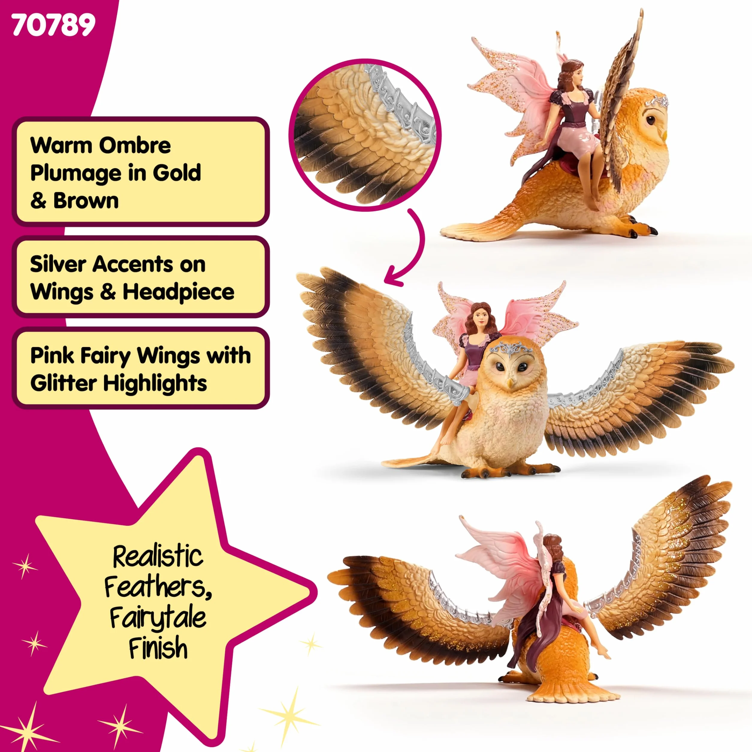 schleich BAYALA | Elfka na brokatowej sowie 70789 | Sowa z ruchomymi skrzydłami i magnesem | Prezent dla dziewczynek i chłopców | Od 5 lat | Zestaw 4 elementów