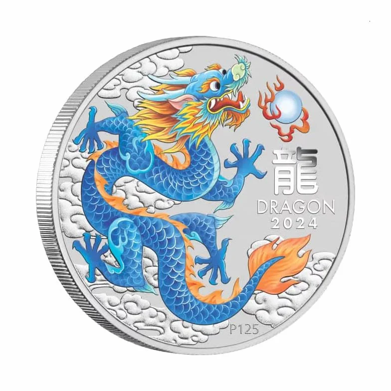 Australia Lunar III Smok Niebieski 2024 Blue Dragon 1 Oz Silver Coin BU Color