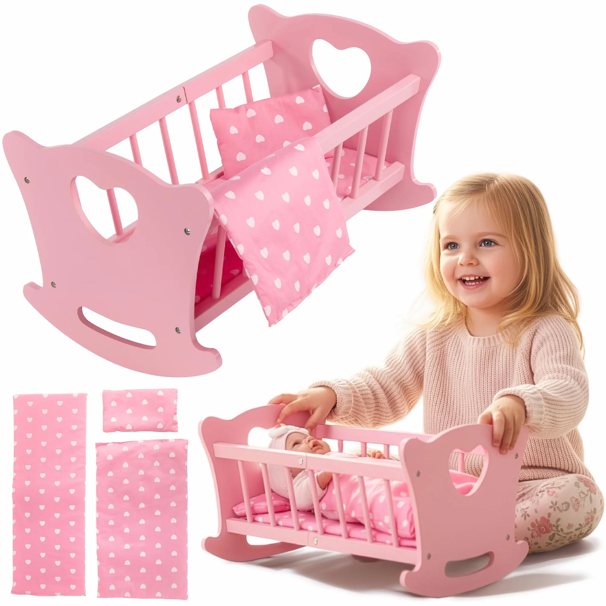 Kinderplay Łóżeczko dla Lalki, Kołyska dla lalki – Zestaw Kołyska plus Kołderka, Poduszeczka oraz Prześcieradło, dla laki o max. długości 49.5 cm., model GS2106 (GS2106)
