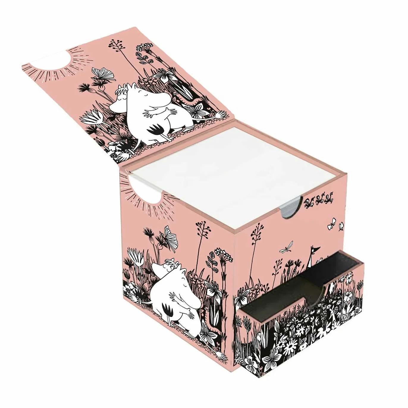Moomin Love Flame Tree Memo Box with Drawer: Unser hochwertiger Memo Cube – Stabile Notizzettelbox mit Deckel – mit 450 Blatt leere, weiße Notizzettel ... Schublade für Schreibtischutensilien