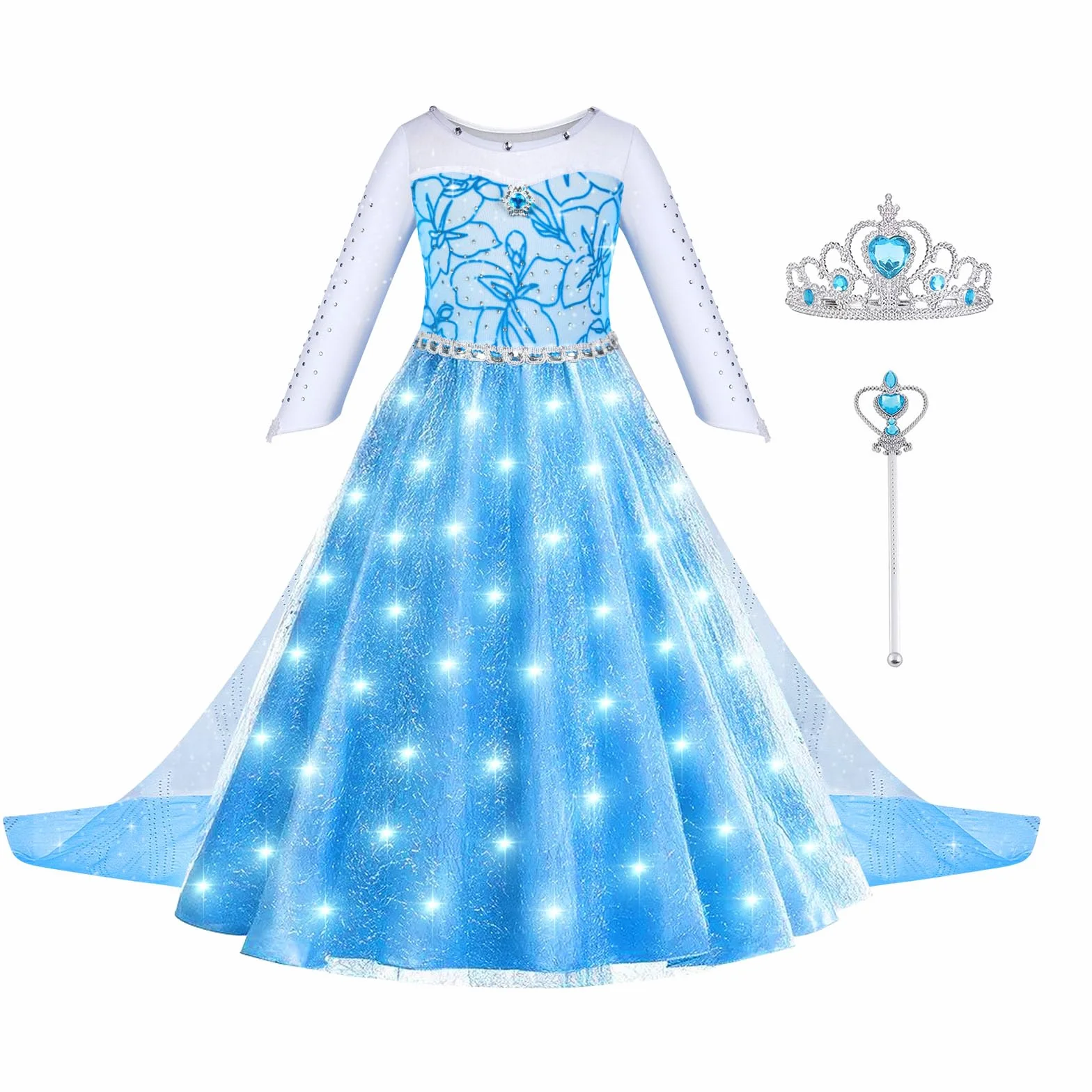 ACWOO Led kostium Elsa, kostium księżniczki Elsa Kraina lodu, sukienka Elsy z akcesoriami koronowymi, różdżką i broszką, świecąca sukienka Elsa nadaje się na Halloween, Boże Narodzenie, Cosplay,