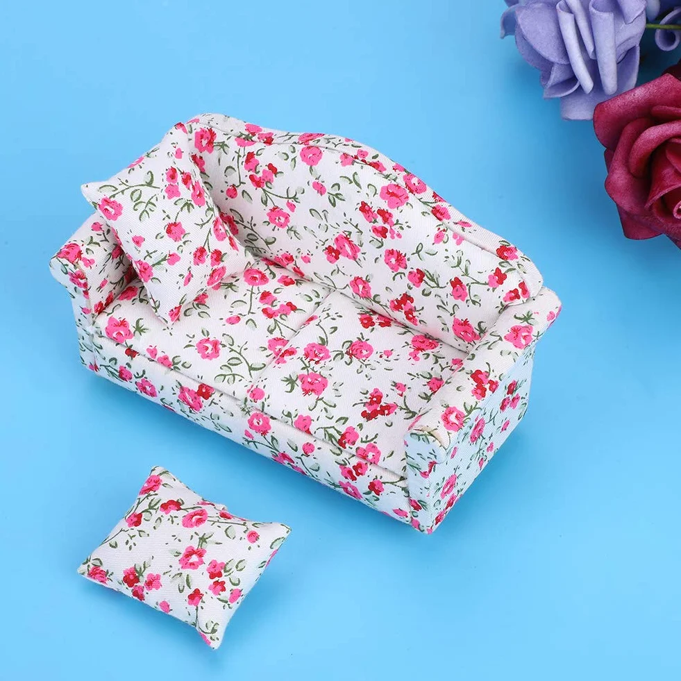 Mini Sofa Domek dla lalek, Akcesoria do dekoracji domku dla lalek Wzór kwiatowy Mini Meble Podwójna sofa dla lalki w skali 1/12 małe skupiska kwiatów