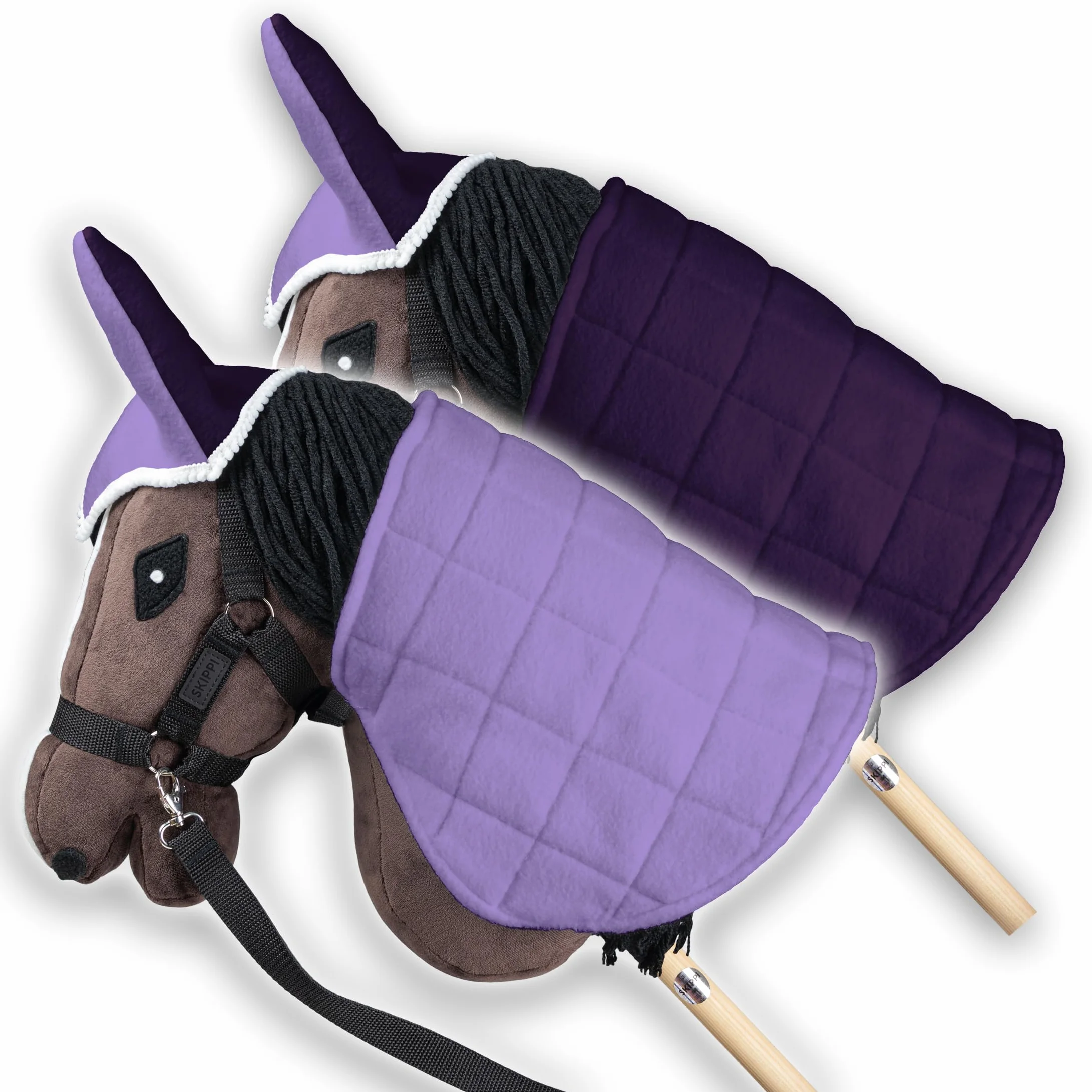 SKIPPI Zestaw Nauszniki i Derka dla Hobby Horse - Wrzos i Śliwka, Dwustronna Derka z Polaru, Hobby Horse Akcesoria, Regulowane Zapięcie na Szyi, dla Koni na Kiju A3 i A4