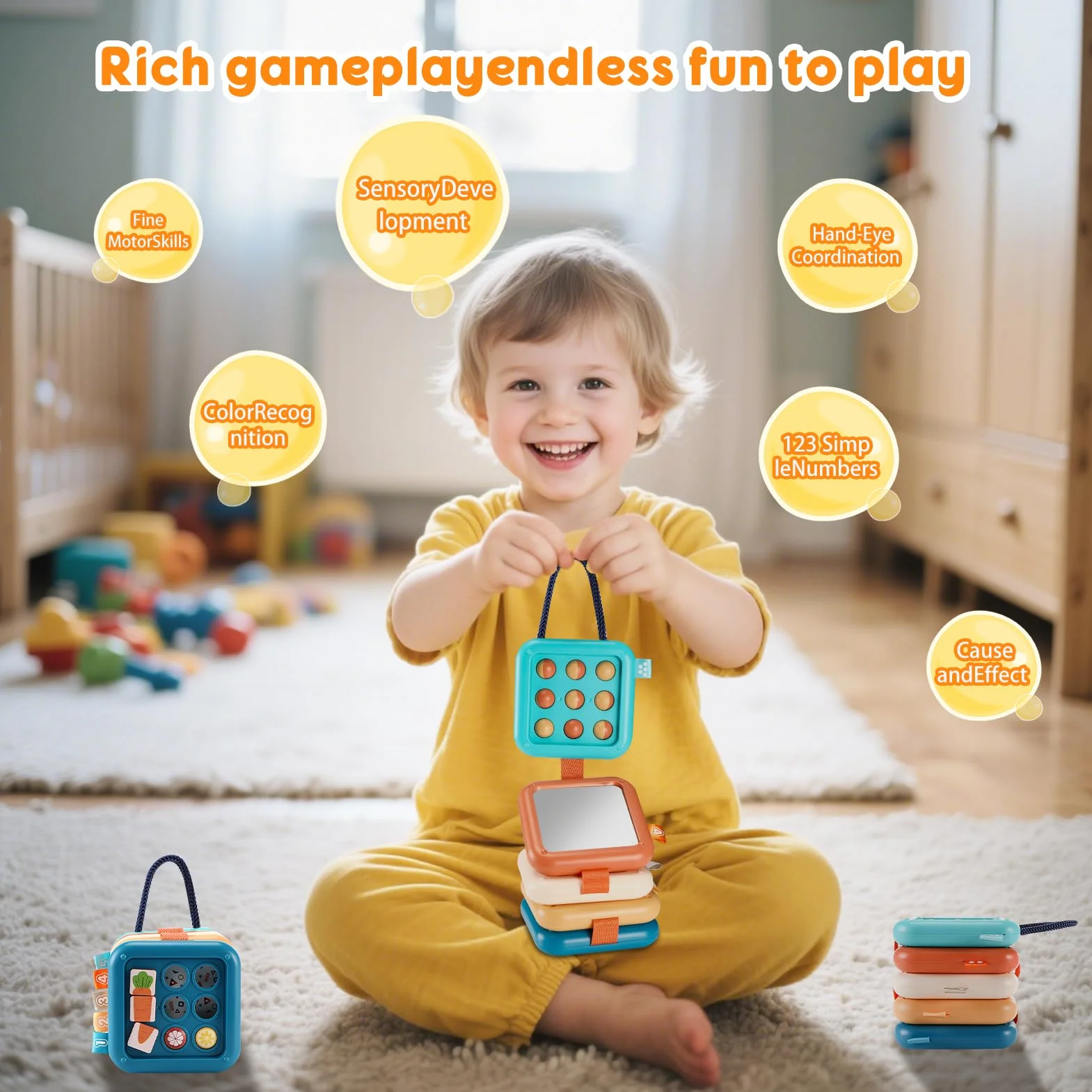 Quuylin Montessori zabawka dla niemowląt, 8 w 1, zabawka podróżna do samolotu, zabawka sensoryczna, zabawka motoryczna dla niemowląt, wspomaga poprawę zdolności motorycznych i poznawczych
