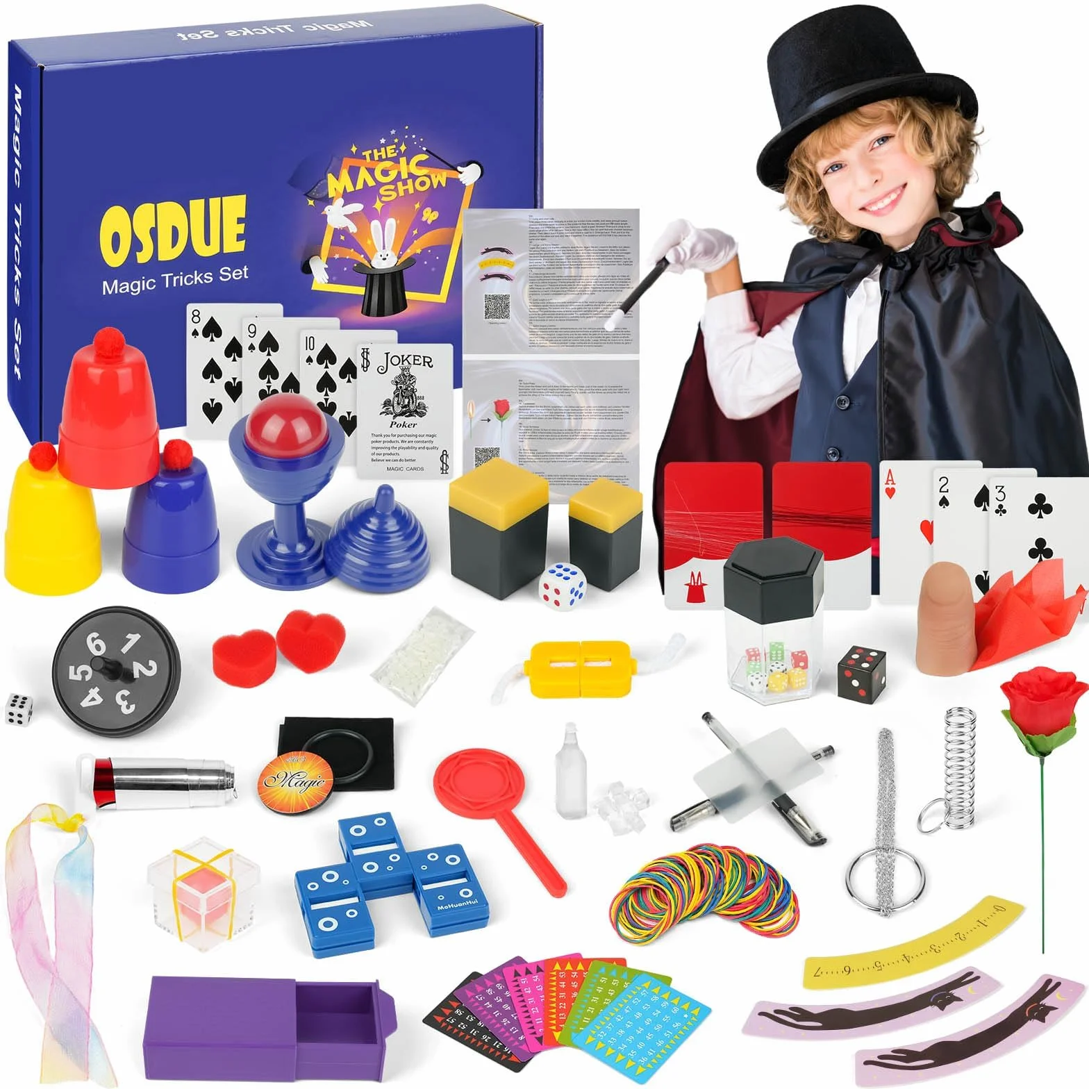 OSDUE Magiczne gry, 24 magiczne sztuczki dla dzieci, mały początkujący magiczna różdżka, zestaw magicznych sztuczek dla dzieci z magiczną peleryną i kapeluszem, prezent dla chłopców, dziewcząt
