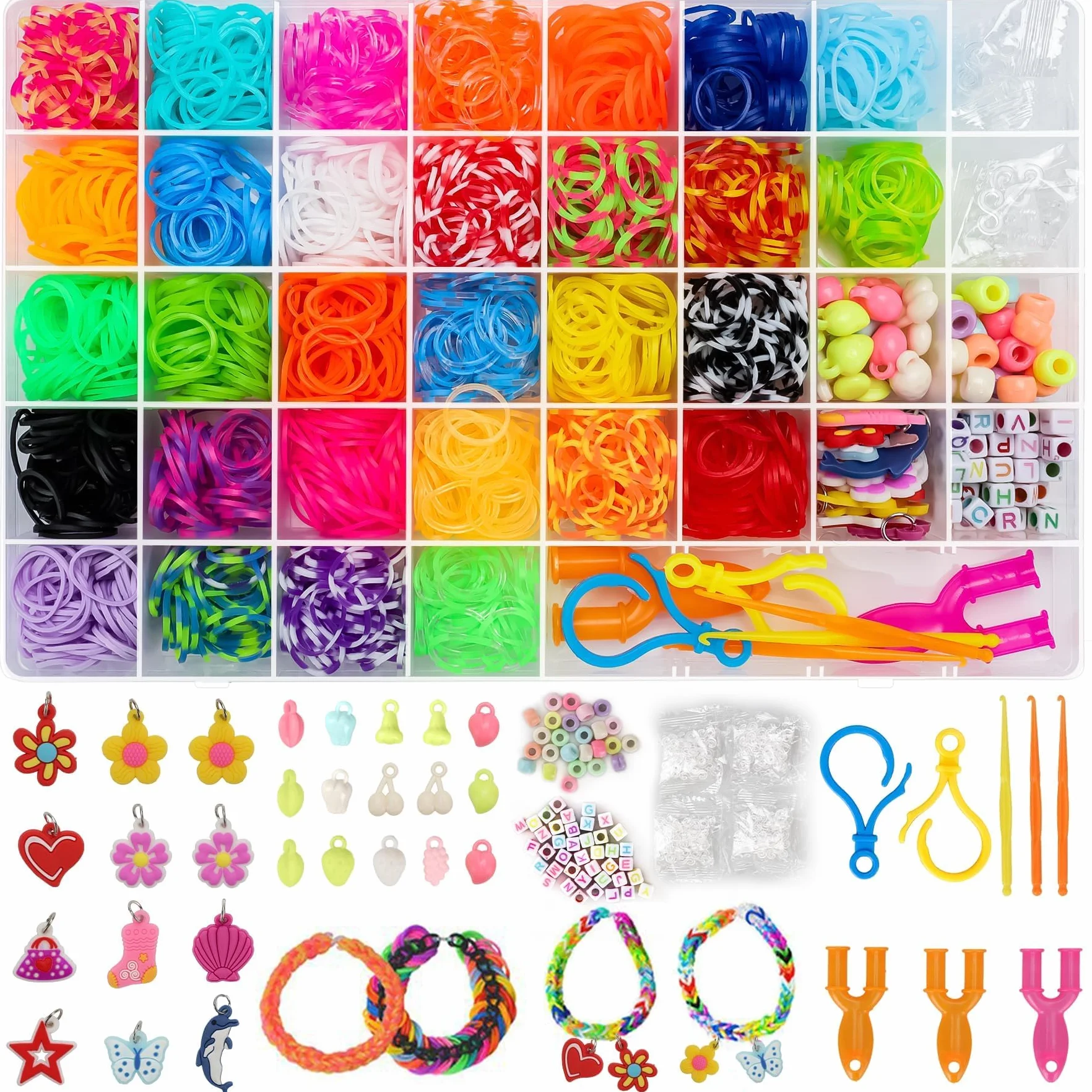 Zestaw ponad 2500 pasków loom, 30 kolorów, do samodzielnego uzupełniania bransoletek, do tworzenia zestawów rzemieślniczych, opaski Twist z większą ilością akcesoriów, w 40 kratkach, etui na