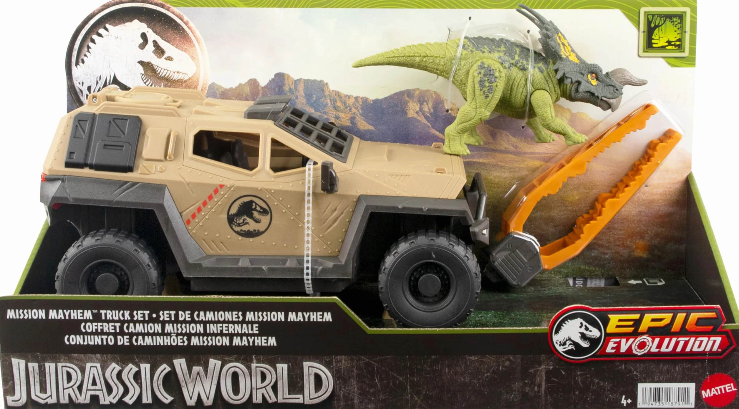 Mattel Jurassic World Truck & Einiosaurus Dinosaur Action Figure Toy Set with Flip & Roll Feature, Mission Mayhem Vehicle for Dino & Destruction Play