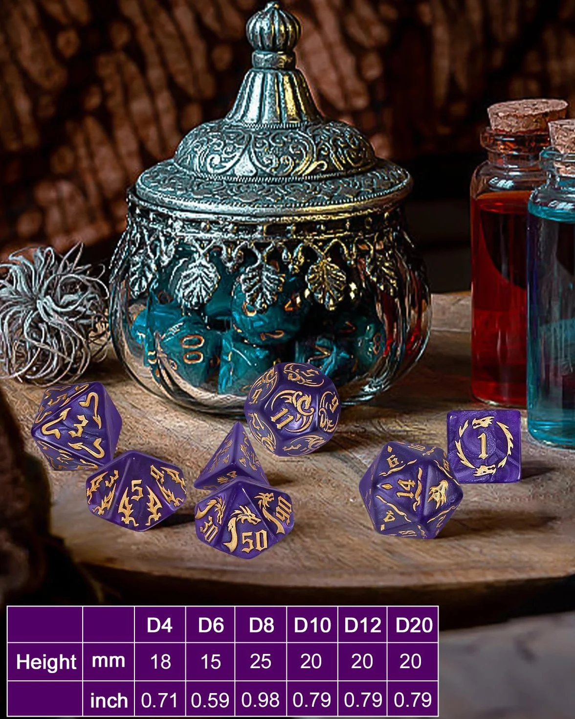 Wielościenne Kości do Gier 7 x 7 (49 szt.) Zestaw Błyszczące z 7 Czarnymi Workami D4 D8 D10 D12 D20 do Dungeons & Dragons RPG MTG DND