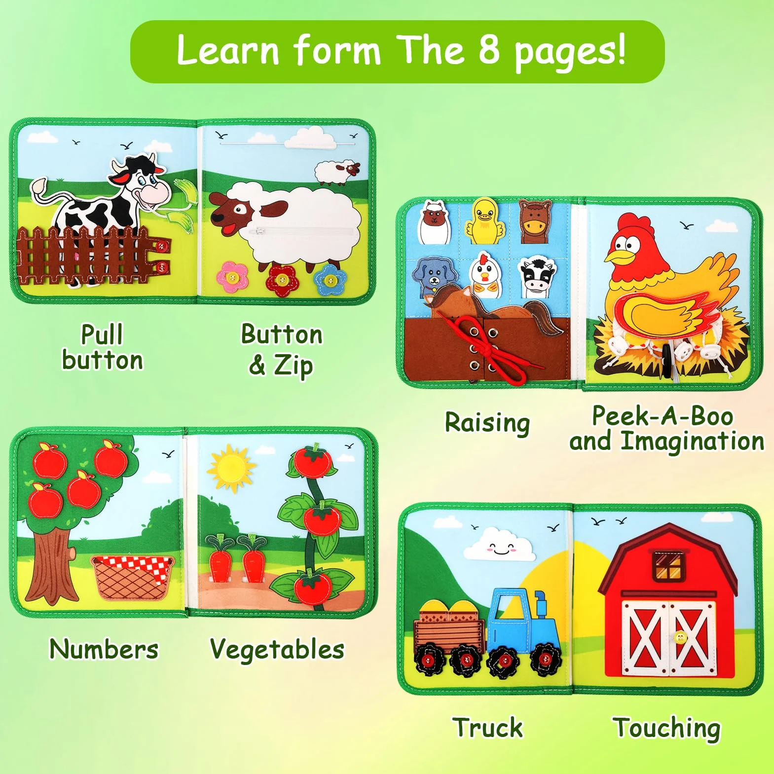 LEADSTAR Quiet Book Montessori zabawka dla małych dzieci, 18 w 1, z motywem gospodarstwa, sensoryczna książeczka Busy Book do podróży, samochodu, samolotu, motoryki precyzyjnej, zabawka Montessori od