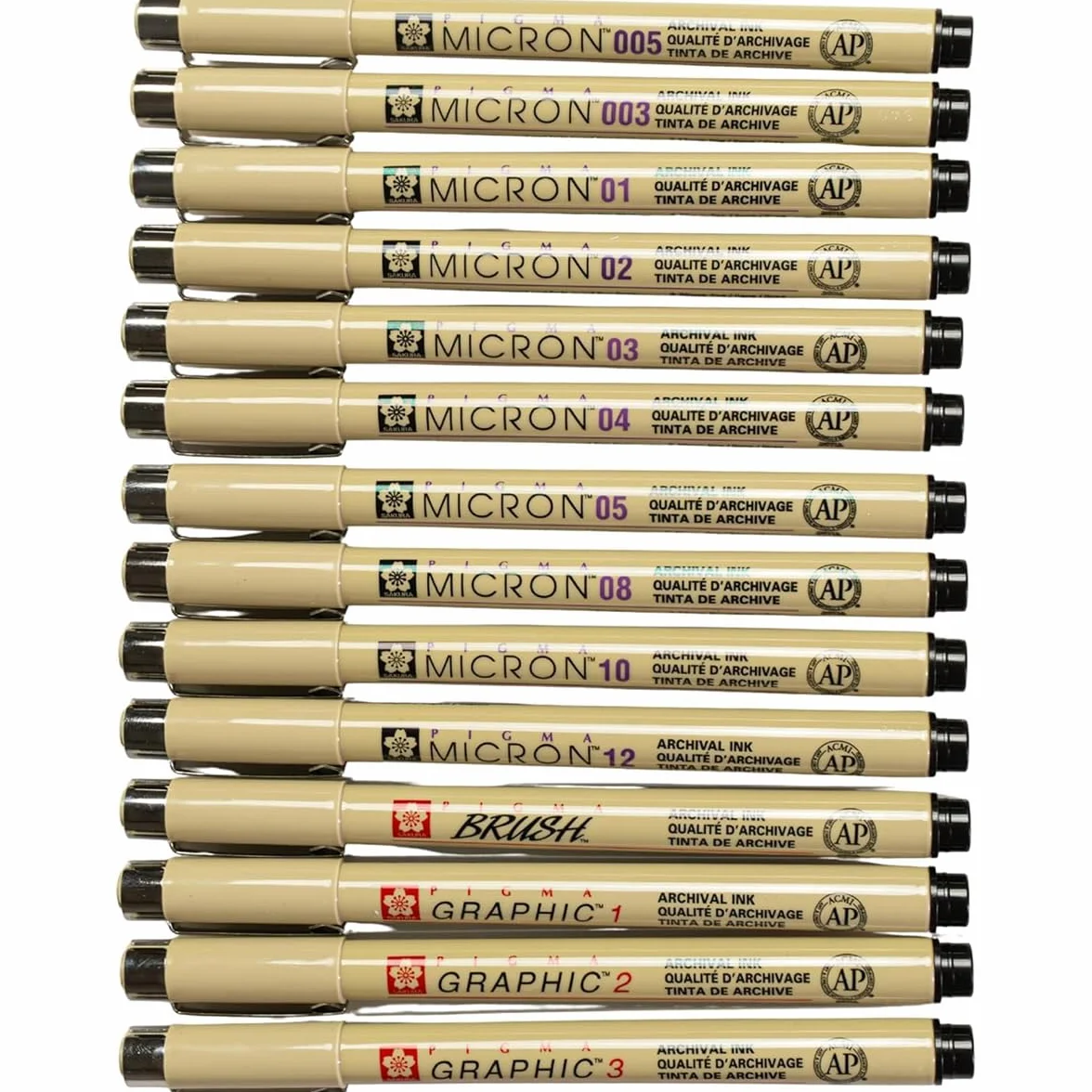 Sakura Pigma Micron 14 Fineliners czarny. 003,005, 01, 02, 03, 04, 05, 08, 10,12,1 mm, 2 mm, 3 mm, Szczotka