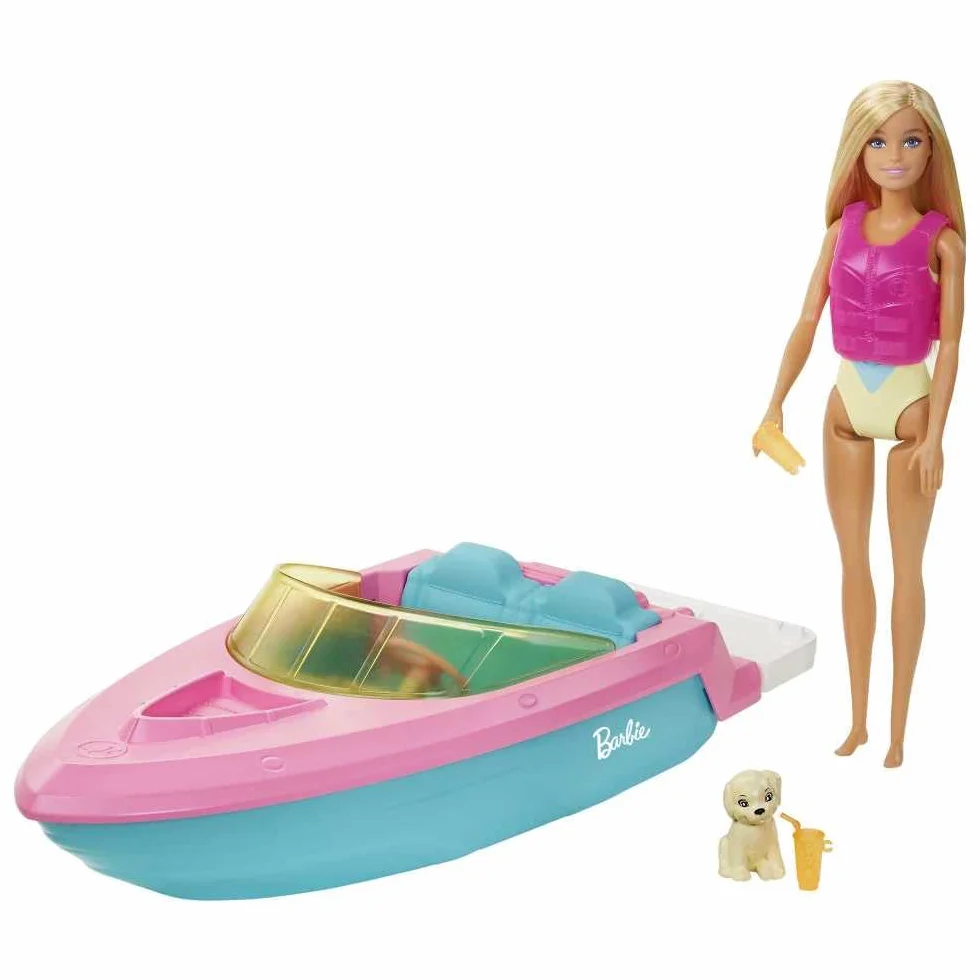 Barbie Zestaw Łodzi Motorowej, Lalka z Blond Włosami, Różowa Kamizelka Ratunkowa, Szczeniak, Akcesoria - Prezenty dla Dzieci od 3 Lat