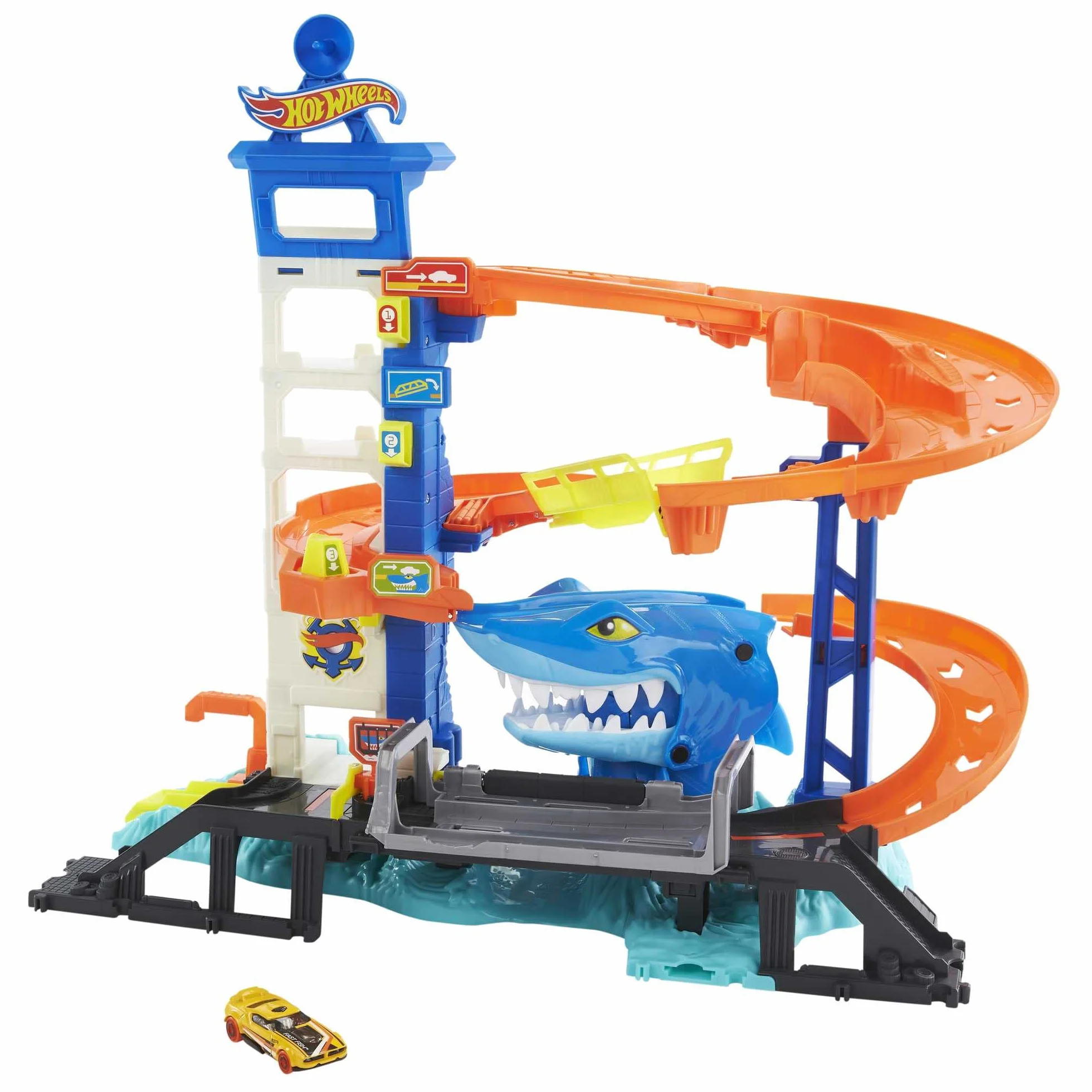 Hot Wheels Miejski port – Atak rekina Zestaw torów do zabawy, tor z przeciwnikiem + 1 samochodzik Hot Wheels, łączy się z innymi zestawami, zabawka dla dzieci w wieku od 4 lat, HMF86