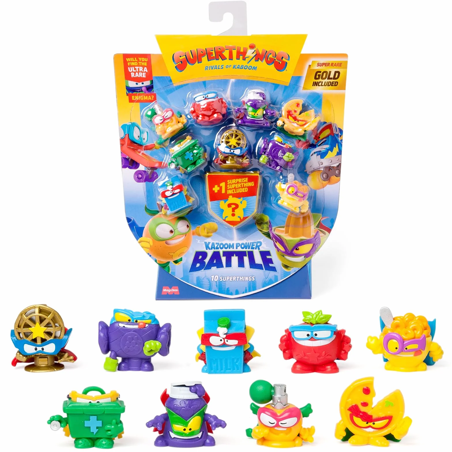SUPERTHINGS KAZOOM POWER Battle – 10 Pack. Zawartość: 10 Superthingsów (1 niespodzianka i 1 kapitan w złotym kolorze). Zestaw 1 /2