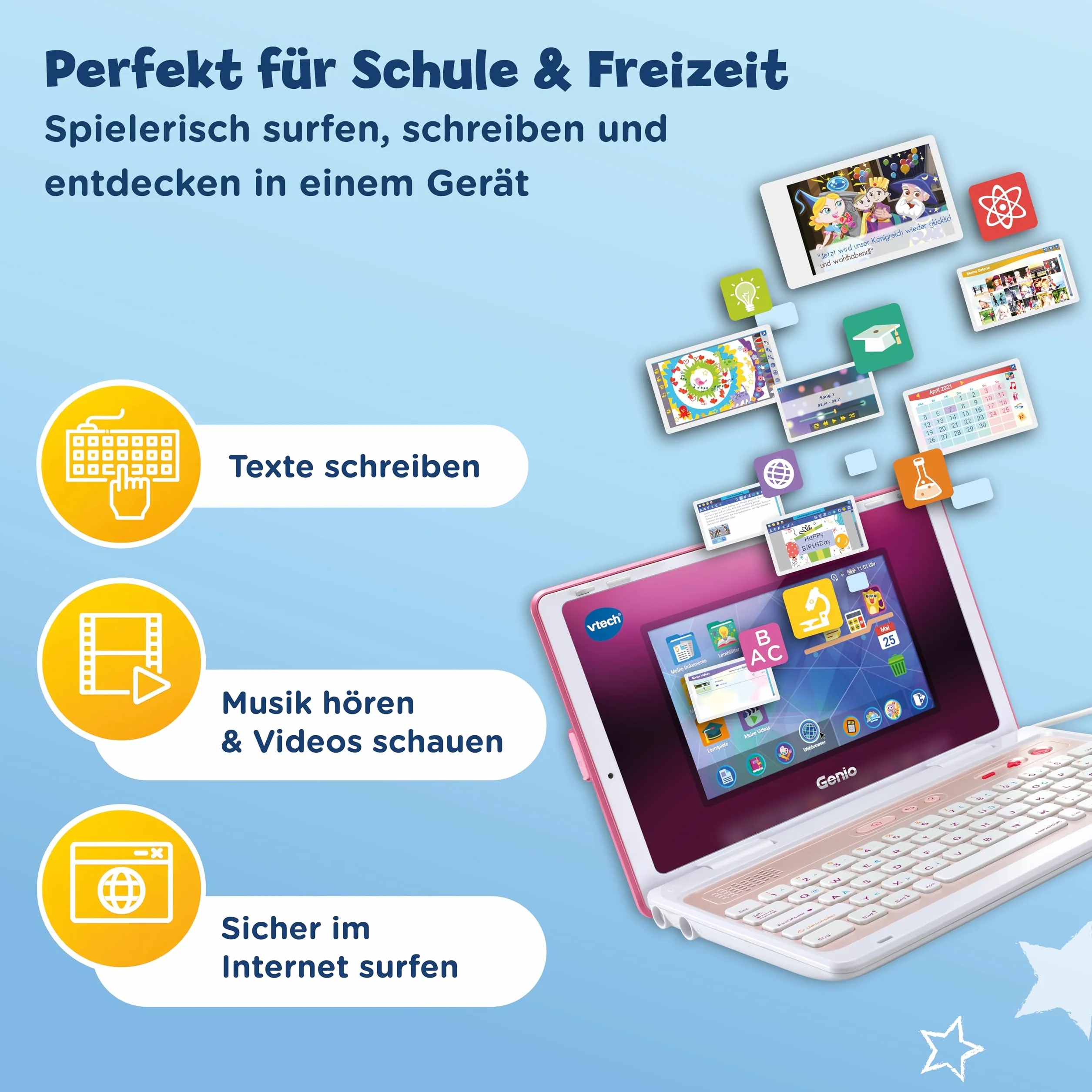 VTech Genio laptop edukacyjny XL różowy – komputer edukacyjny z dużym ekranem LCD o przekątnej 7" z dostępem do Internetu, programem tekstowym i wieloma treściami edukacyjnymi – dla dzieci w wieku