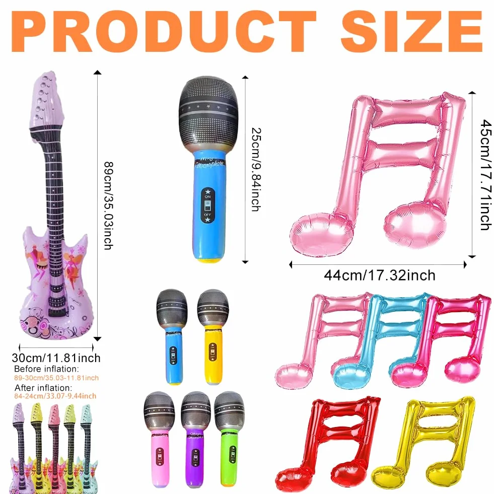 Embhlitfe 15 sztuk nadmuchiwanych instrumentów, nadmuchiwane gitary, mikrofony, nadmuchiwane nuty do nadmuchiwania, nadmuchiwane gitary powietrzne do nadmuchiwania, na imprezę, rekwizyty dla dzieci i