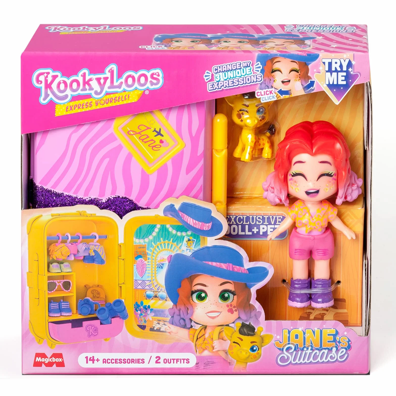 KOOKYLOOS Jane's Suitcase walizka dla lalek z ponad 14 akcesoriami modowymi i ekskluzywną lalką z 3 zabawnymi wyrazami, w zestawie ubrania, akcesoria i buty, wieszaki i ekskluzywne zwierzę