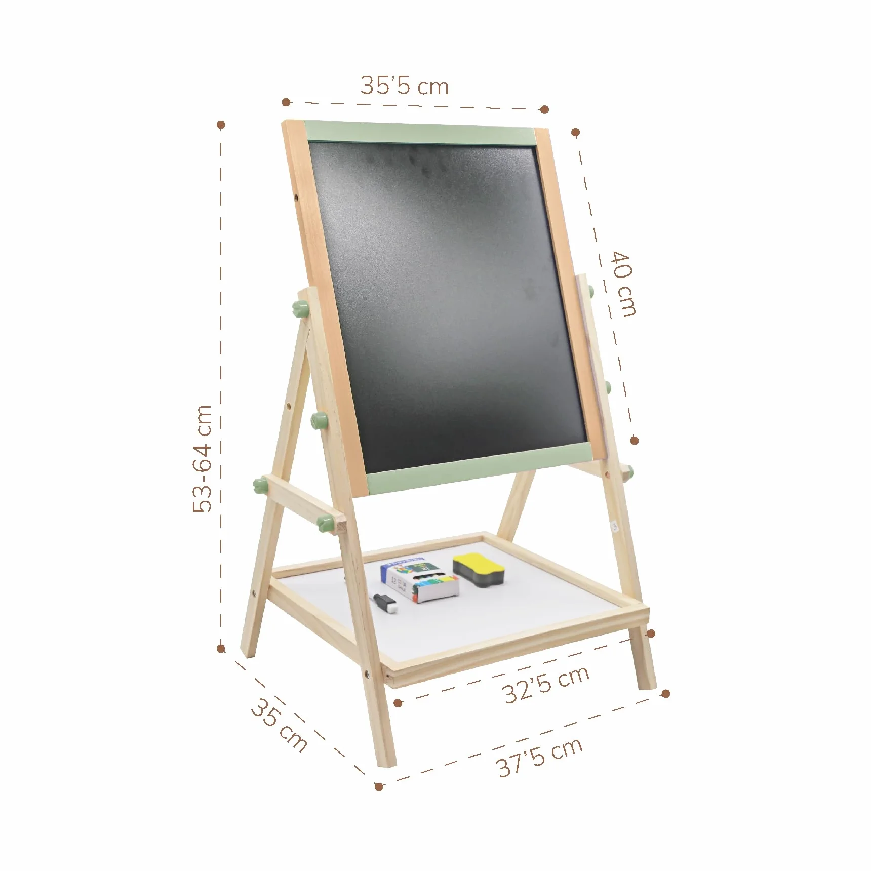 BUDDY BABY Kreatywna tablica dla dzieci Montessori - dwustronna tablica ze sztalugą - w zestawie pudełko na kredę, 2 gumki i 1 długopis - wymiary: 65 x 37 x 35