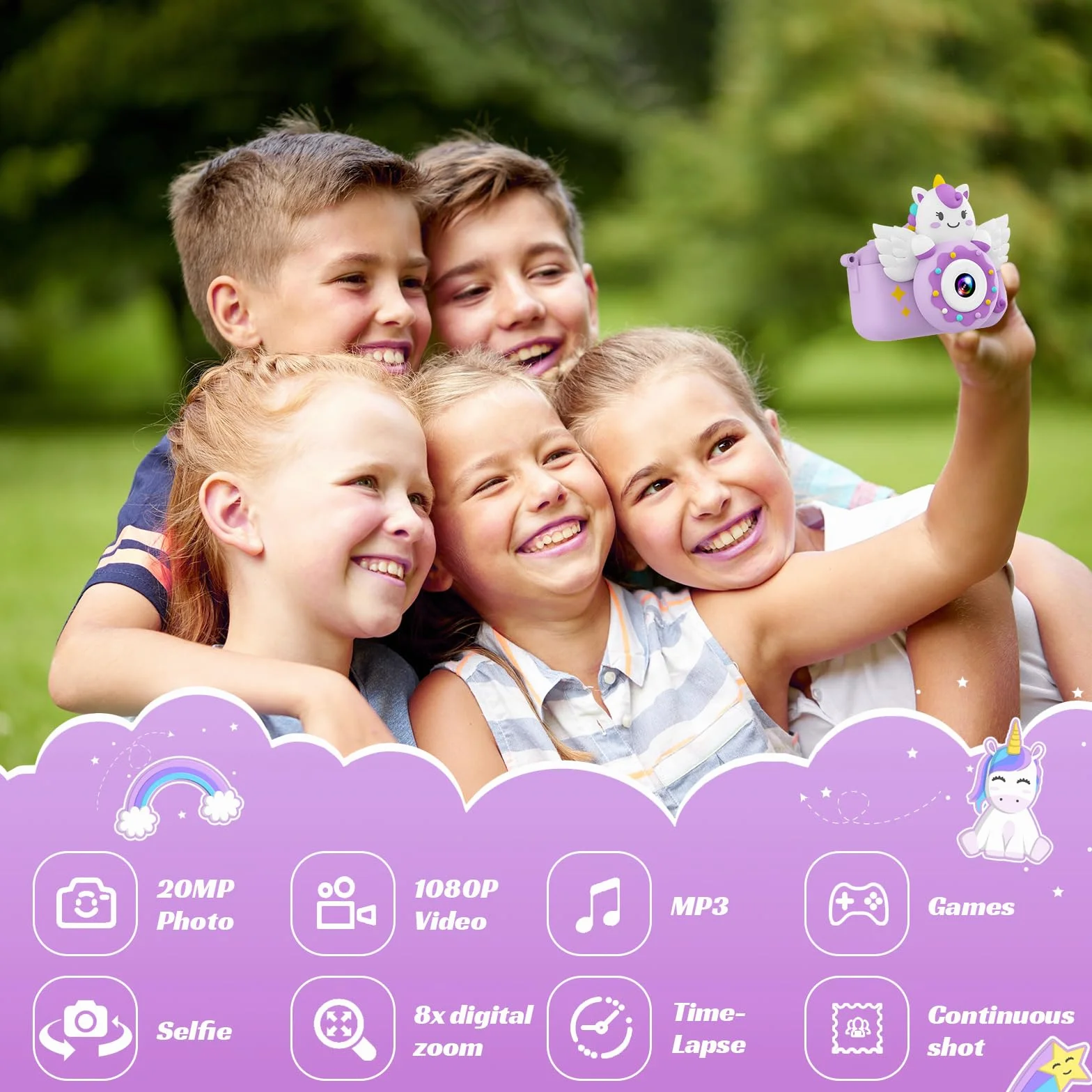 TIATUA Aparat cyfrowy dla dziewczynek z kartą 32GB, tryb selfie, aparat dla małych dzieci i kamera wideo, idealny dla dzieci w wieku 3-10 lat, prezent na urodziny (fioletowy)