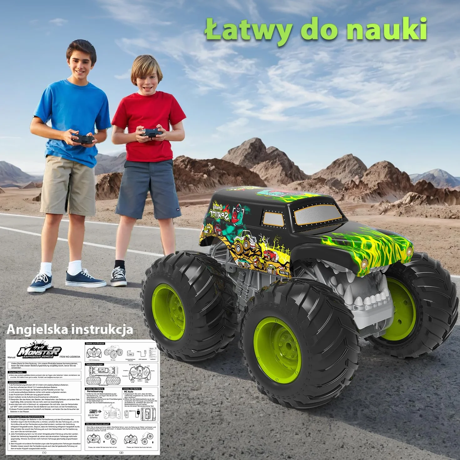 Zdalnie Sterowany Monster Truck 1:16, 2,4 GHz dla Dzieci od 4 Lat - Amfibia z Światła, Robi Wheelie, Staje Dęba, Obroty 360° - Auto RC dla Chłopców i Dziewczynek